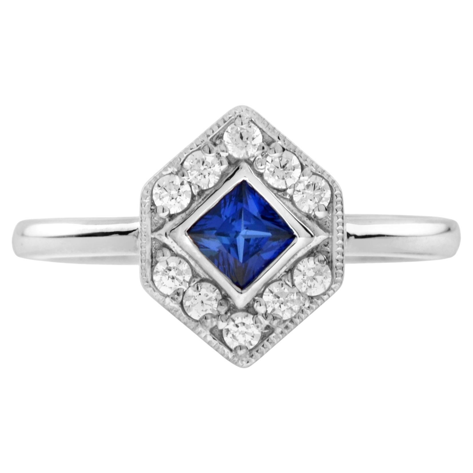 Square Blue Sapphire & Diamond Hexagon 14K White Gold Ring For Sale