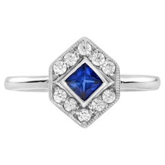 Square Blue Sapphire & Diamond Hexagon 14K White Gold Ring