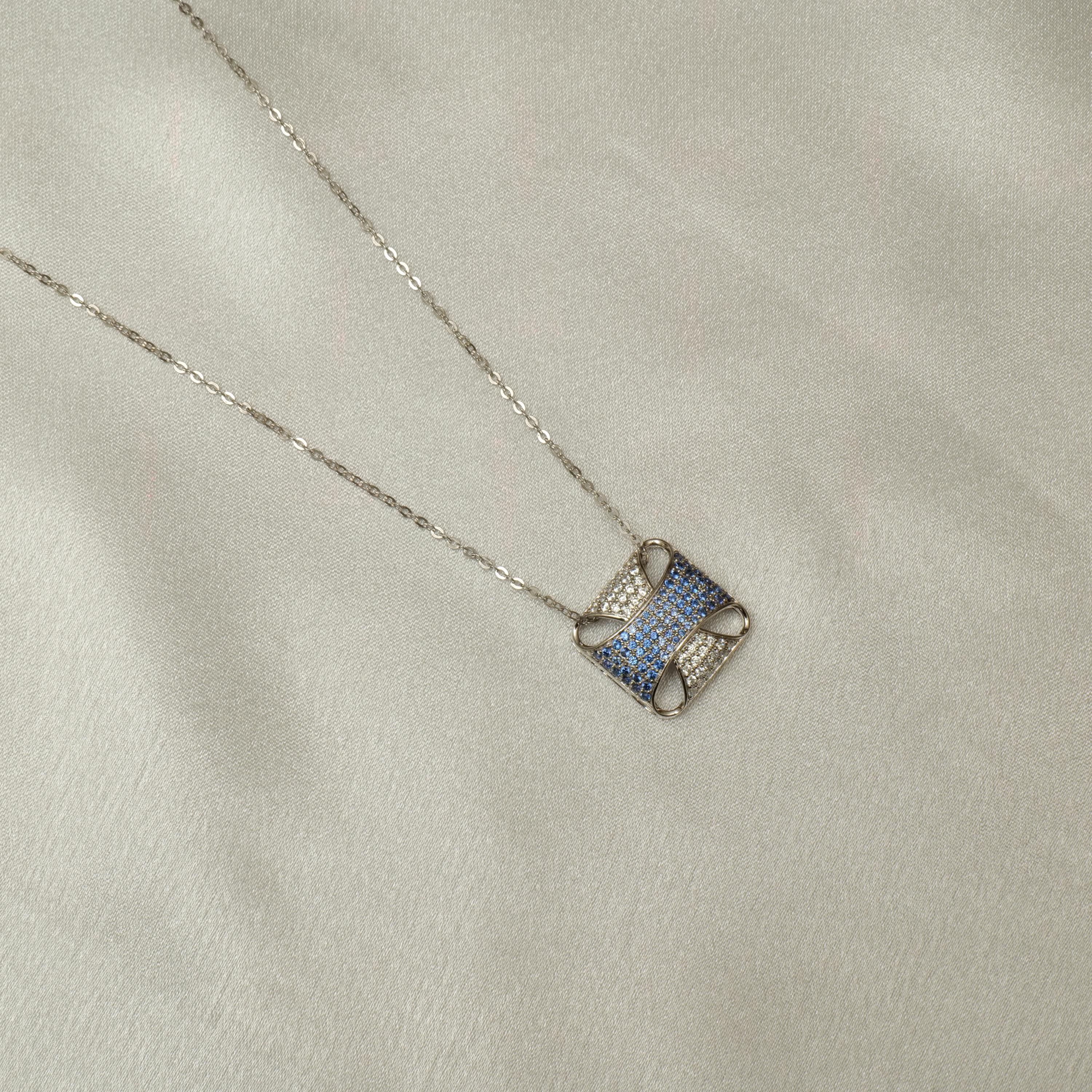 Women's Square Blue Sapphire Diamond Pendant Necklace in 14k Solid Gold (Certified) For Sale