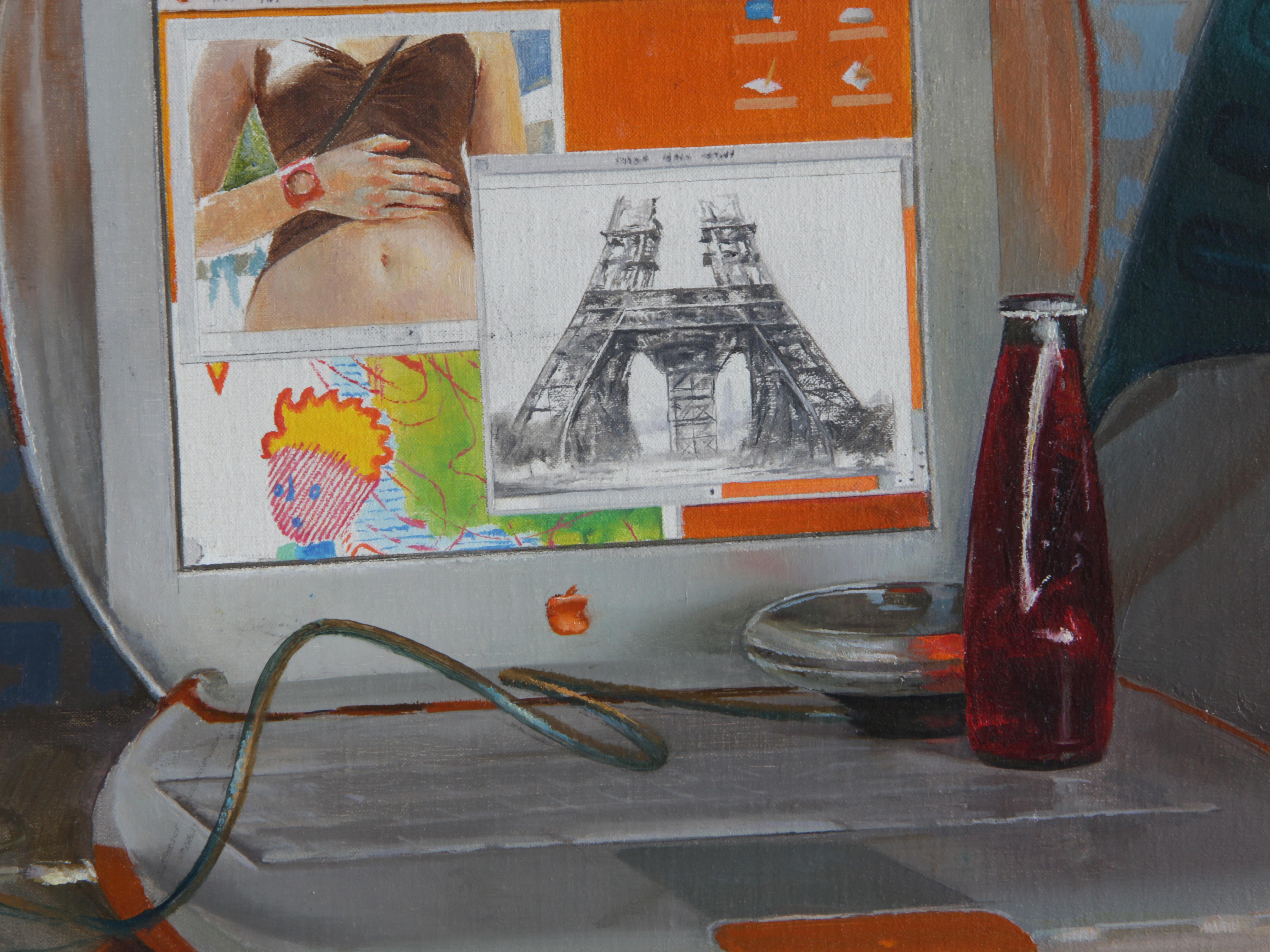 This still life painting on canvas captures a variety of objects. Among the objects depicted are: Mac Computer, Coke Bottle, doll fragment on top of a bottled water, and a printed fabric background. These masterfully painted objects create a tableau