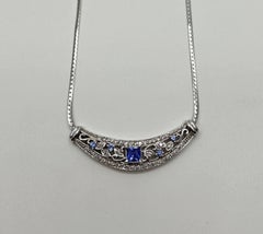 Square Blue Tanzanite White Diamonds Pave 14K White Gold Bib Pendant Necklace