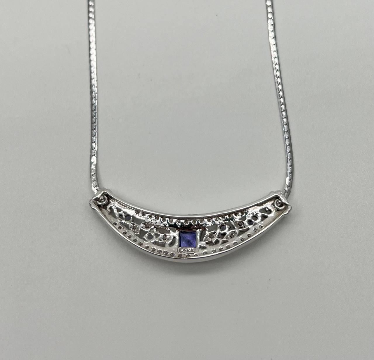 Square Cut Square Blue Tanzanite White Diamonds Pave 14K White Gold Bib Pendant Necklace For Sale