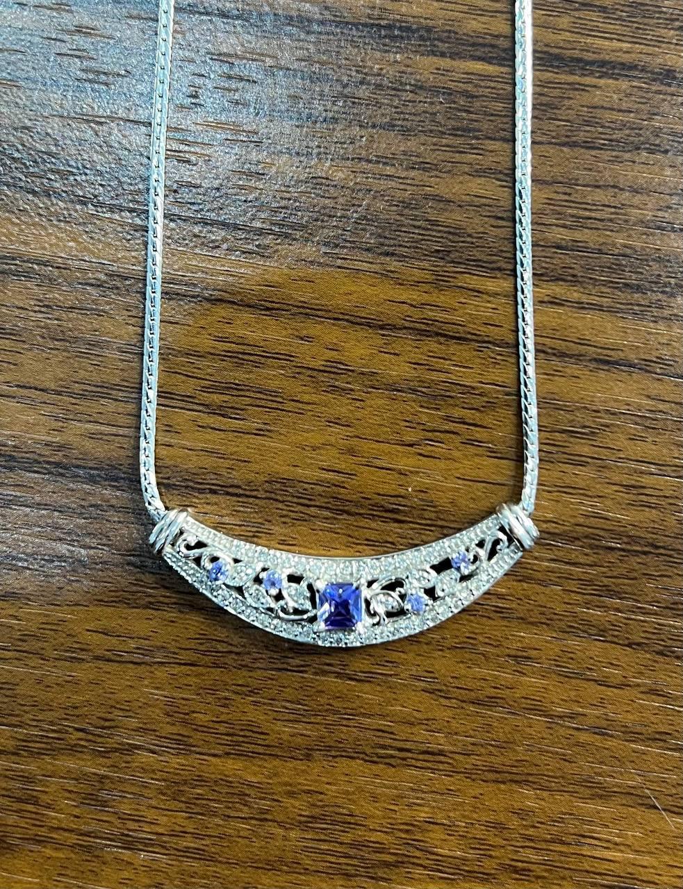Women's Square Blue Tanzanite White Diamonds Pave 14K White Gold Bib Pendant Necklace For Sale