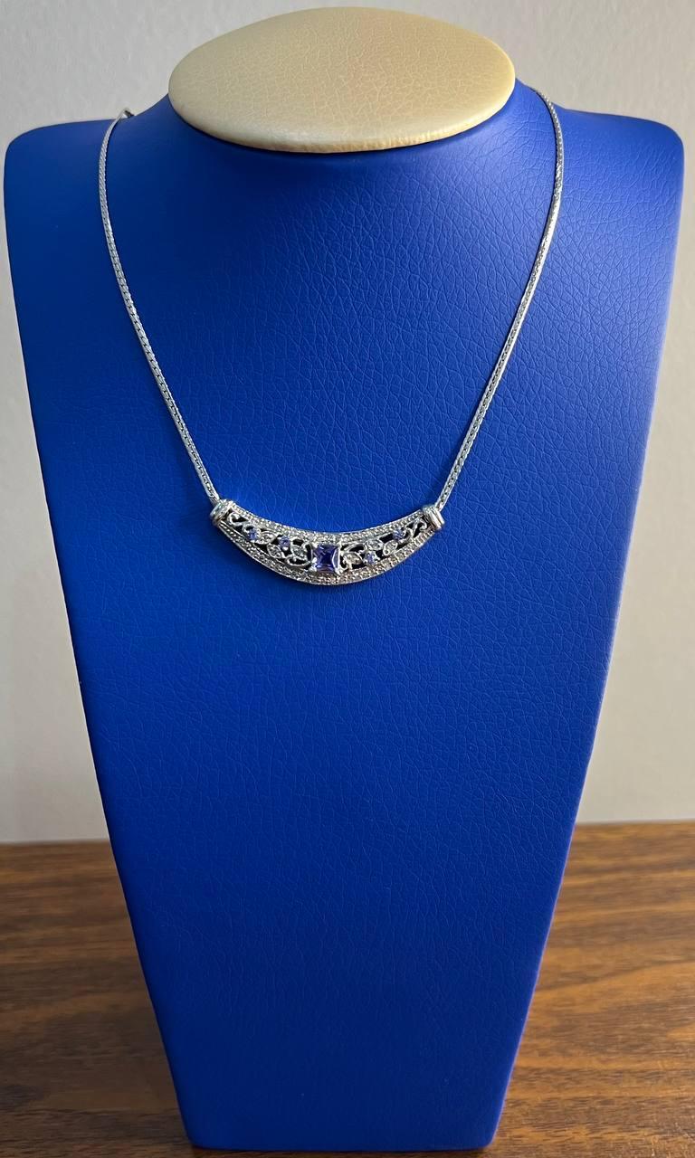 Square Blue Tanzanite White Diamonds Pave 14K White Gold Bib Pendant Necklace For Sale 3
