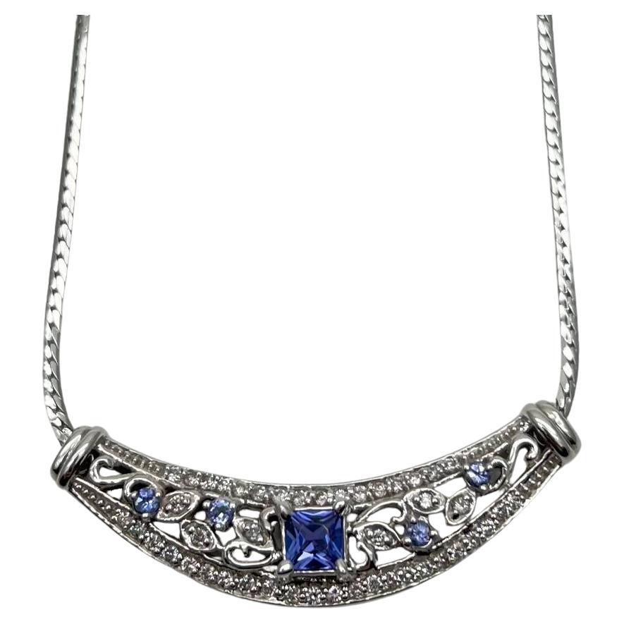 Square Blue Tanzanite White Diamonds Pave 14K White Gold Bib Pendant Necklace For Sale