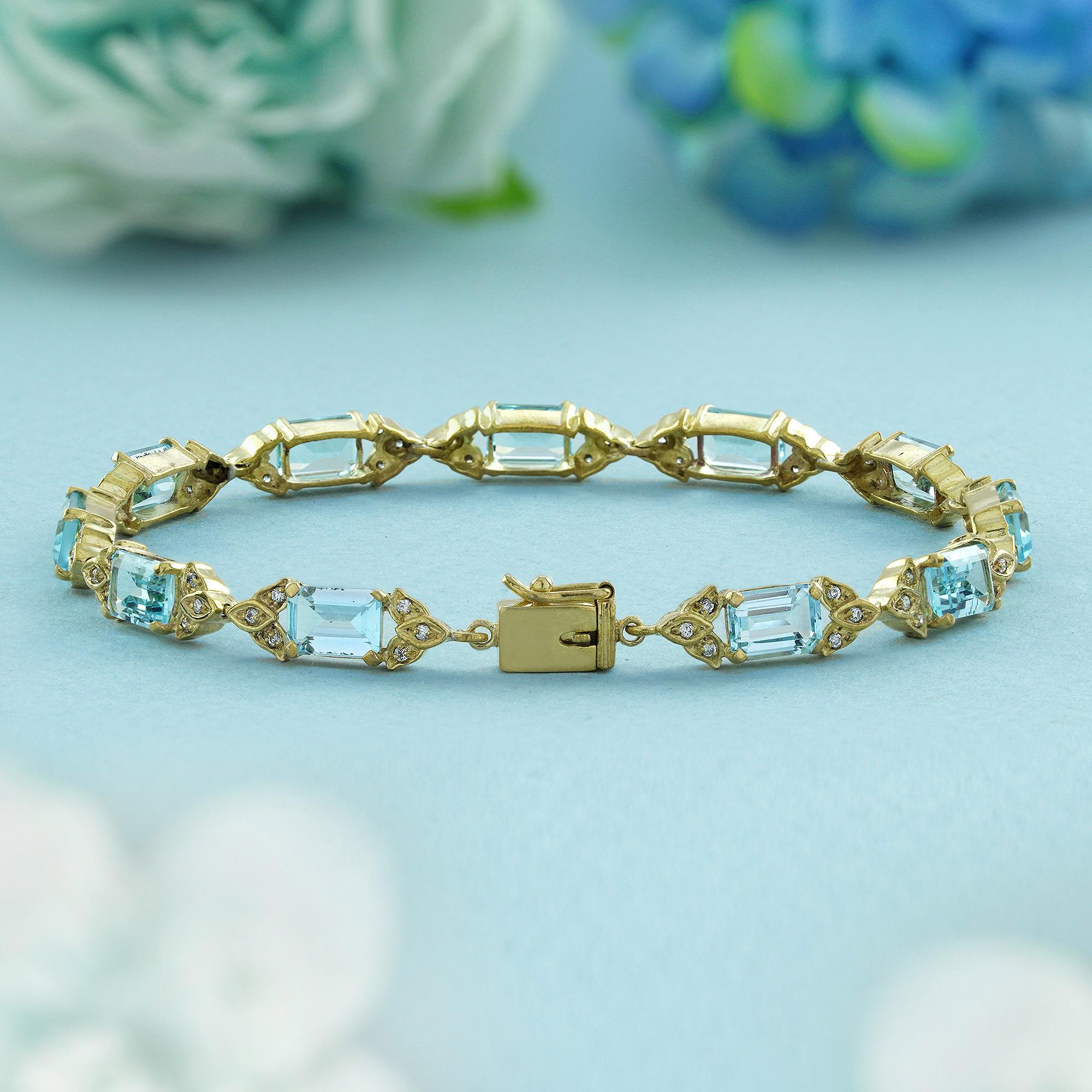 Taille émeraude Bracelet à maillons de style Art déco en or jaune 14 carats avec topaze bleue carrée et diamants en vente
