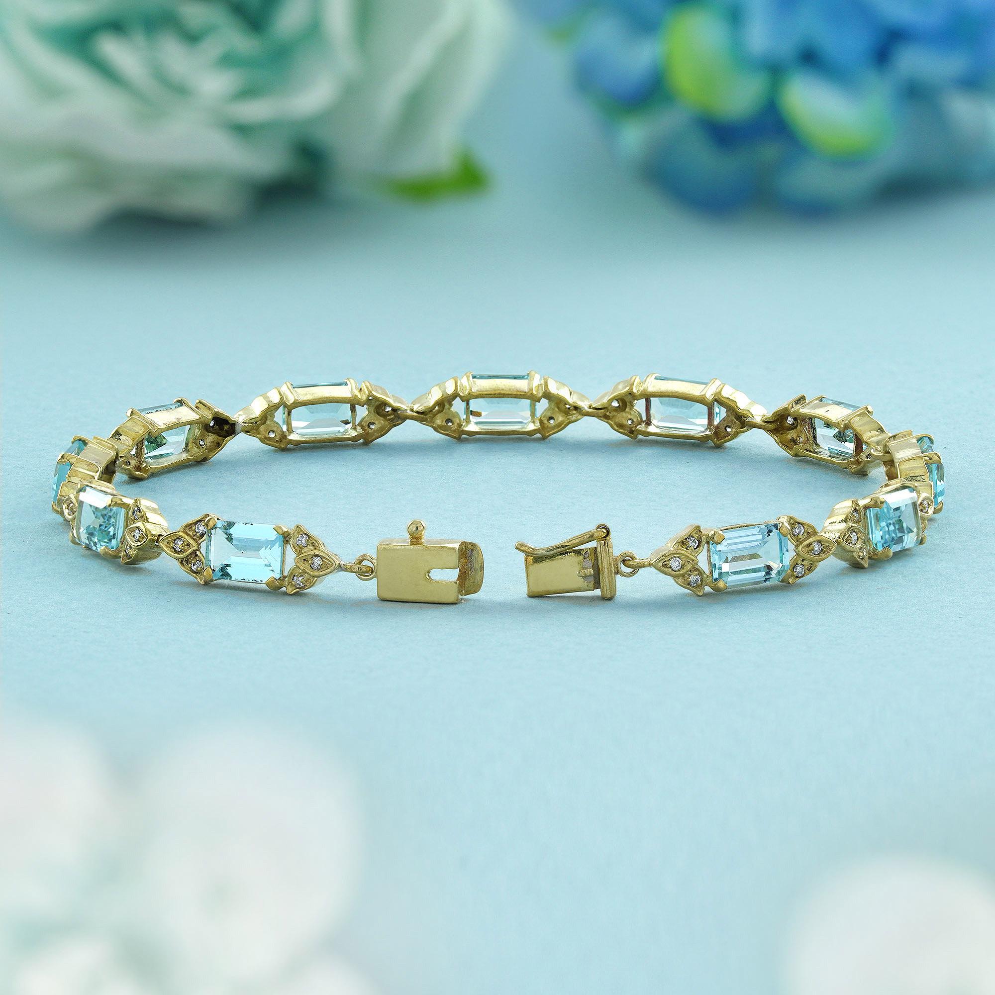 Bracelet à maillons de style Art déco en or jaune 14 carats avec topaze bleue carrée et diamants Neuf - En vente à Bangkok, TH
