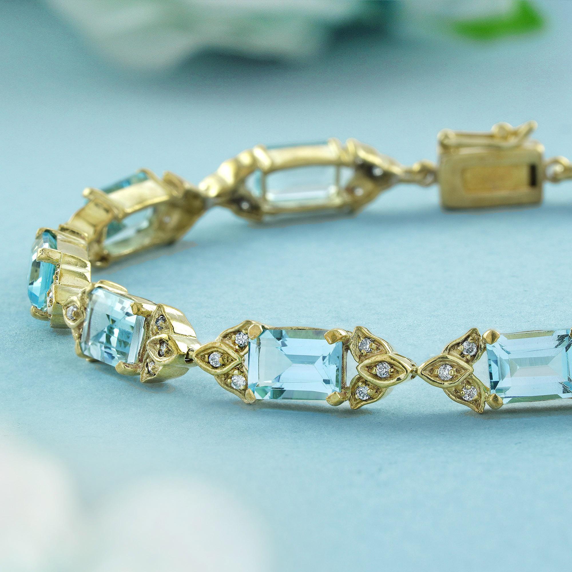 Bracelet à maillons de style Art déco en or jaune 14 carats avec topaze bleue carrée et diamants Pour femmes en vente