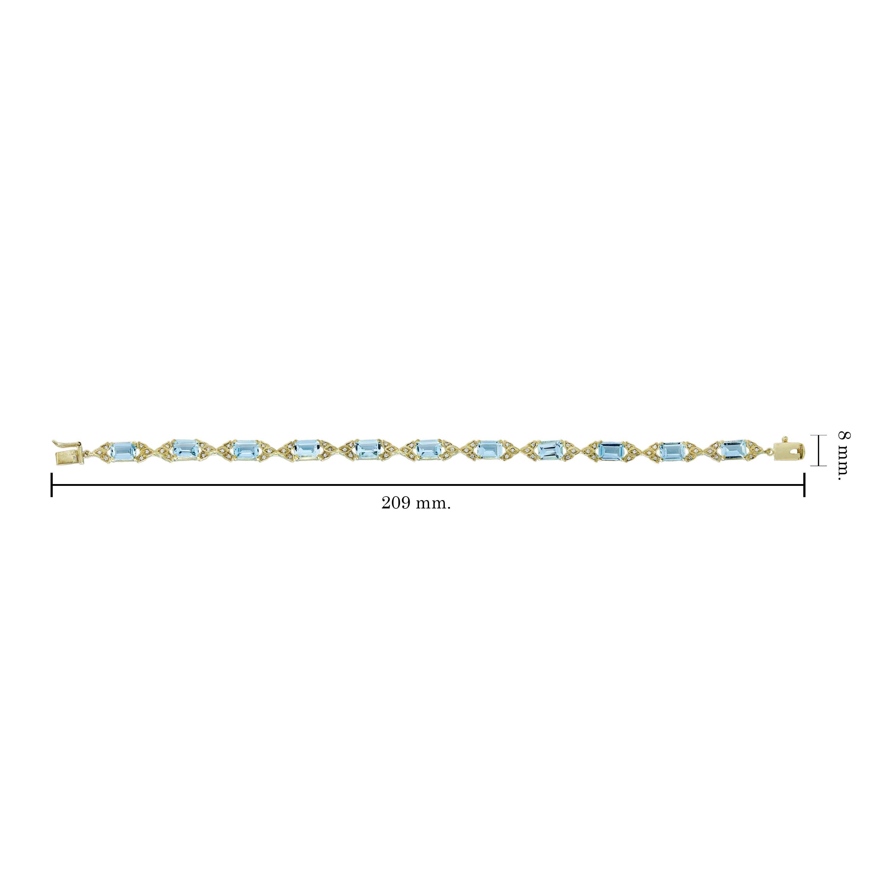 Bracelet à maillons de style Art déco en or jaune 14 carats avec topaze bleue carrée et diamants en vente 1