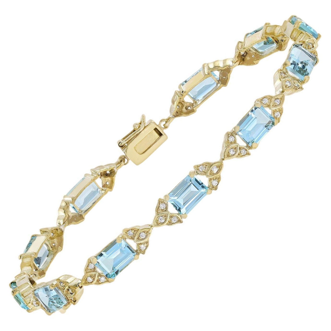 Quadratisches Gliederarmband aus 14 Karat Gelbgold mit blauem Topas und Diamanten im Art-déco-Stil