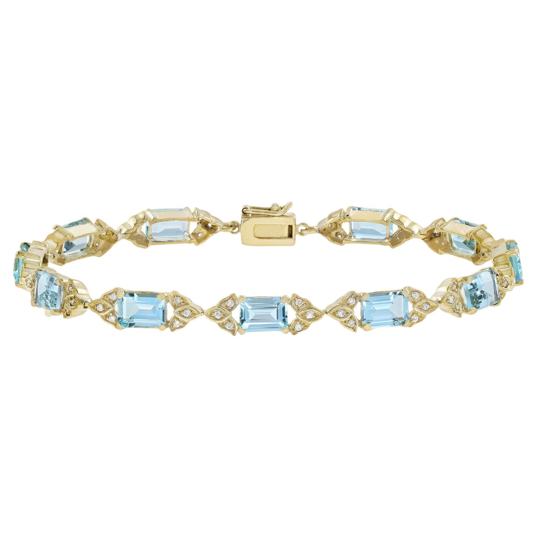 Square Blue Topaz and Diamond Art Deco Style Link Bracelet in 14K Yellow Gold