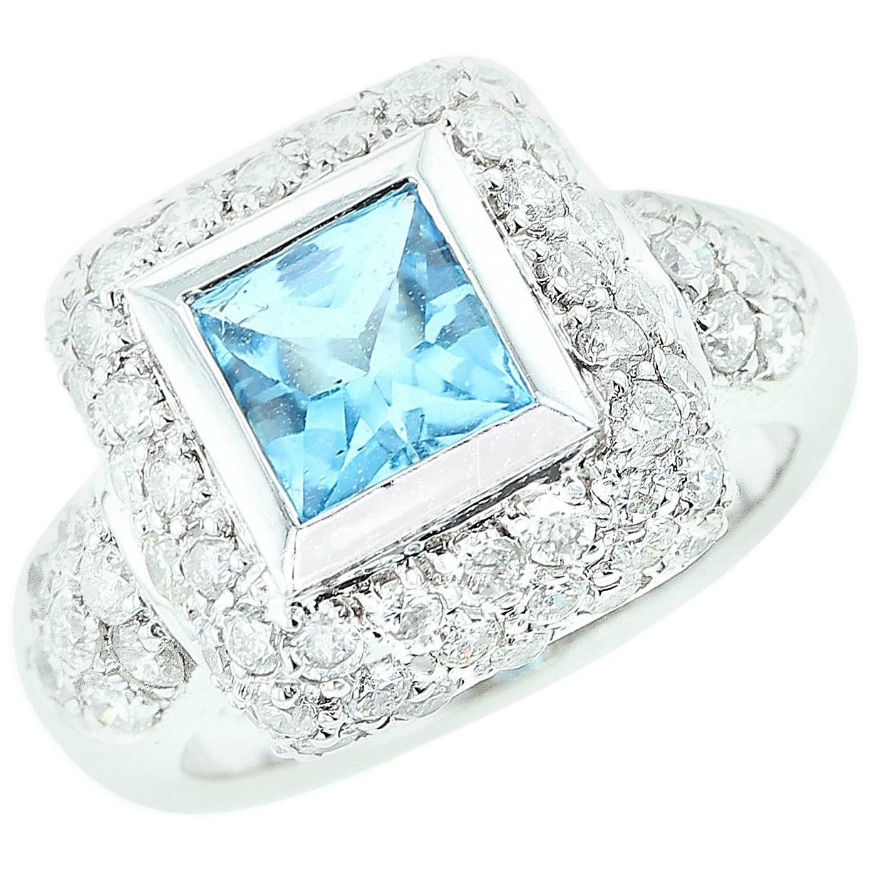 Square Blue Topaz and Diamond Ring, 18 Karat White Gold For Sale