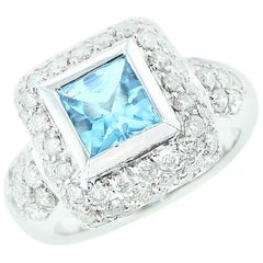 Square Blue Topaz and Diamond Ring, 18 Karat White Gold