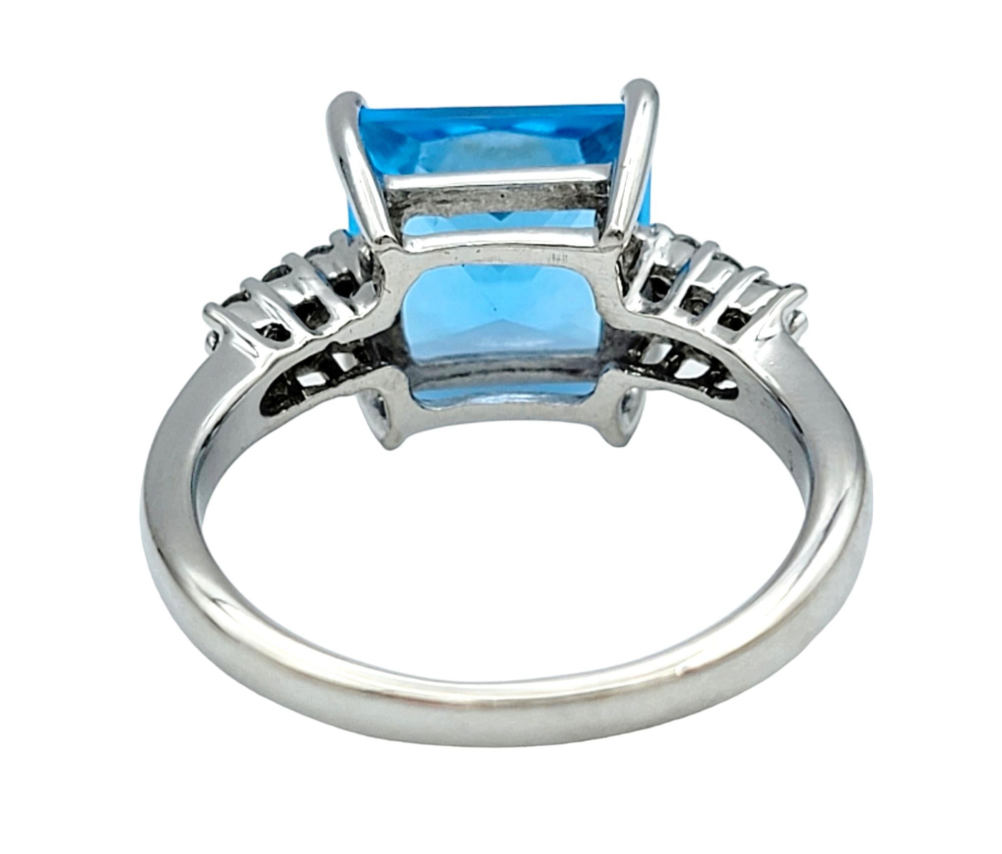 Square Cut Square Blue Topaz and Pavé Diamond Cocktail Ring Set in 14 Karat White Gold For Sale
