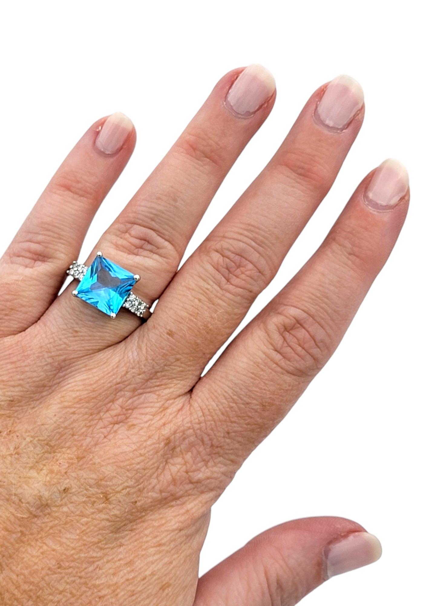 Women's Square Blue Topaz and Pavé Diamond Cocktail Ring Set in 14 Karat White Gold For Sale