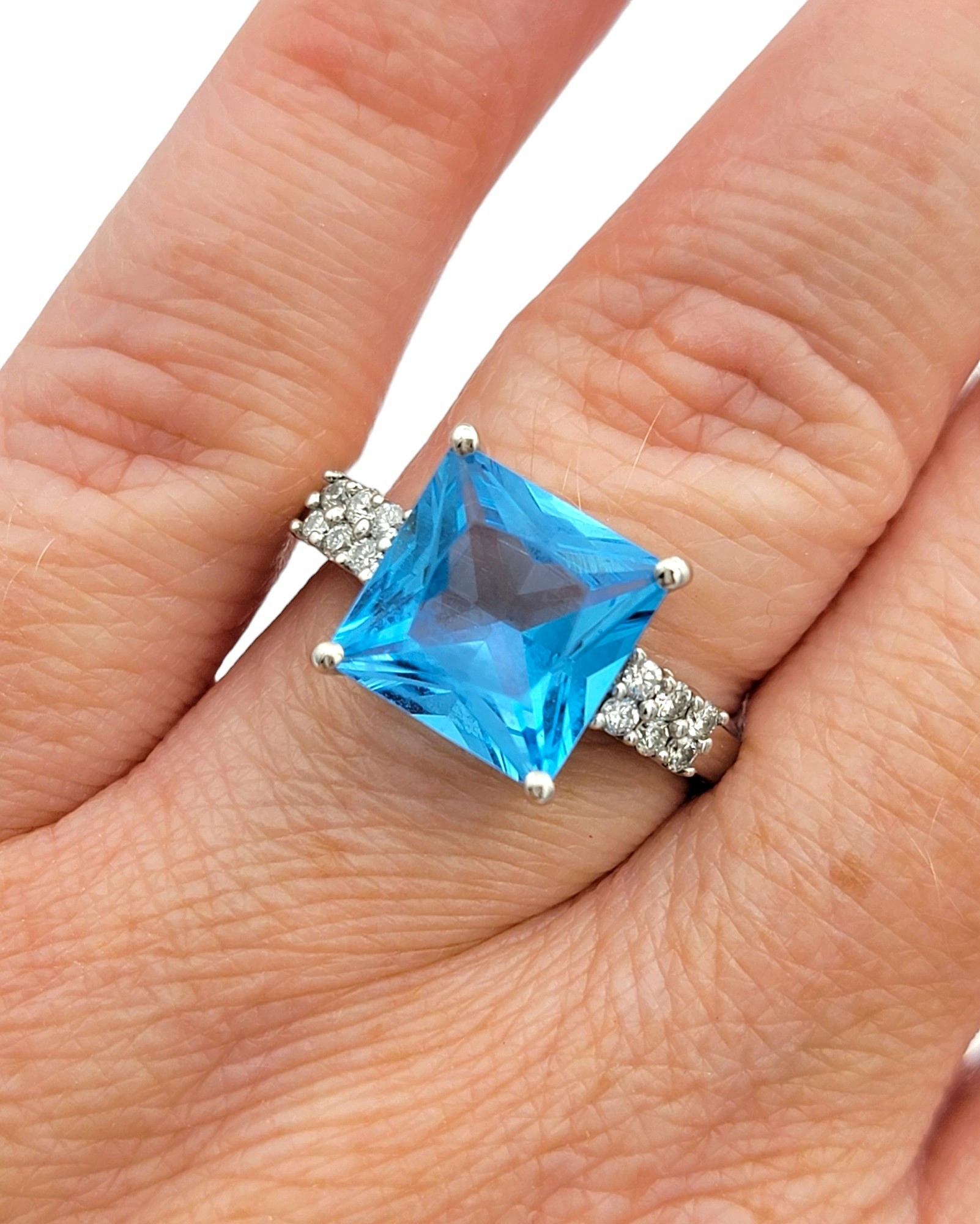 Square Blue Topaz and Pavé Diamond Cocktail Ring Set in 14 Karat White Gold For Sale 1
