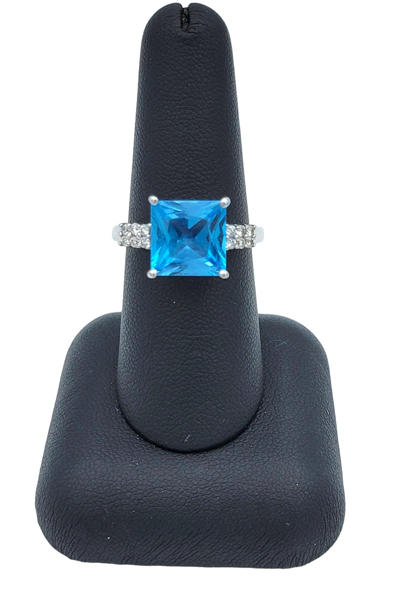 Square Blue Topaz and Pavé Diamond Cocktail Ring Set in 14 Karat White Gold For Sale 2