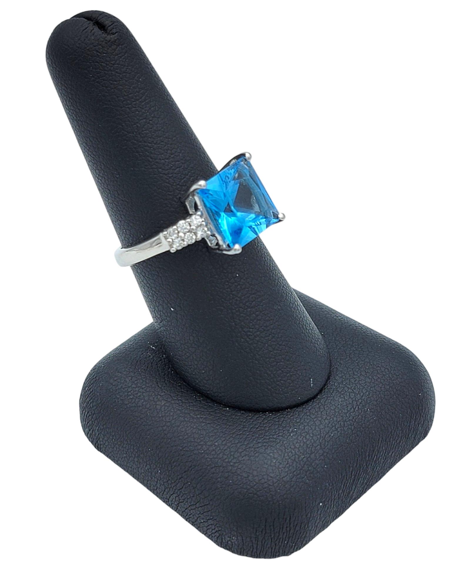 Square Blue Topaz and Pavé Diamond Cocktail Ring Set in 14 Karat White Gold For Sale 3