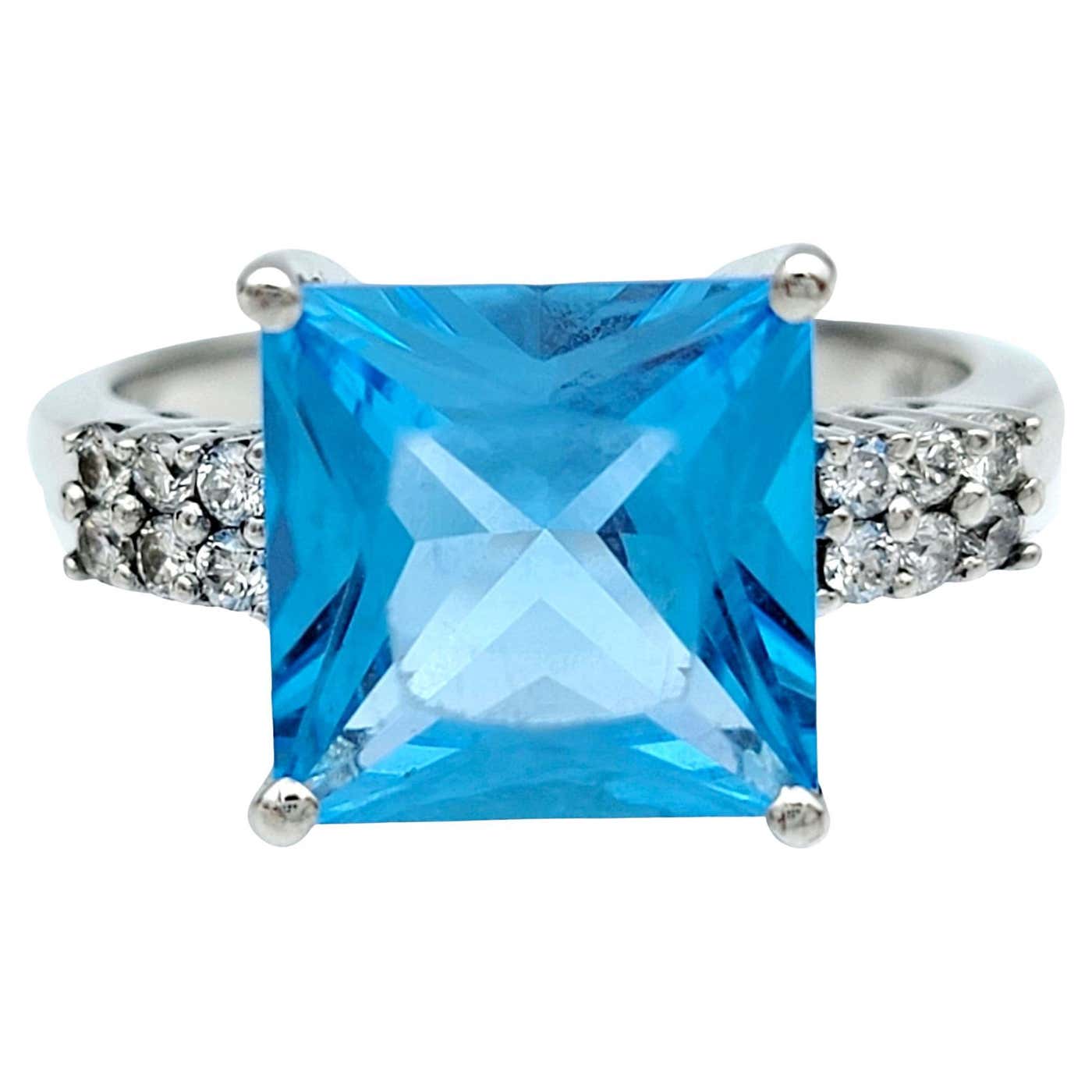 Square Blue Topaz and Pavé Diamond Cocktail Ring Set in 14 Karat White ...