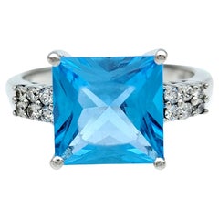 Square Blue Topaz and Pavé Diamond Cocktail Ring Set in 14 Karat White Gold