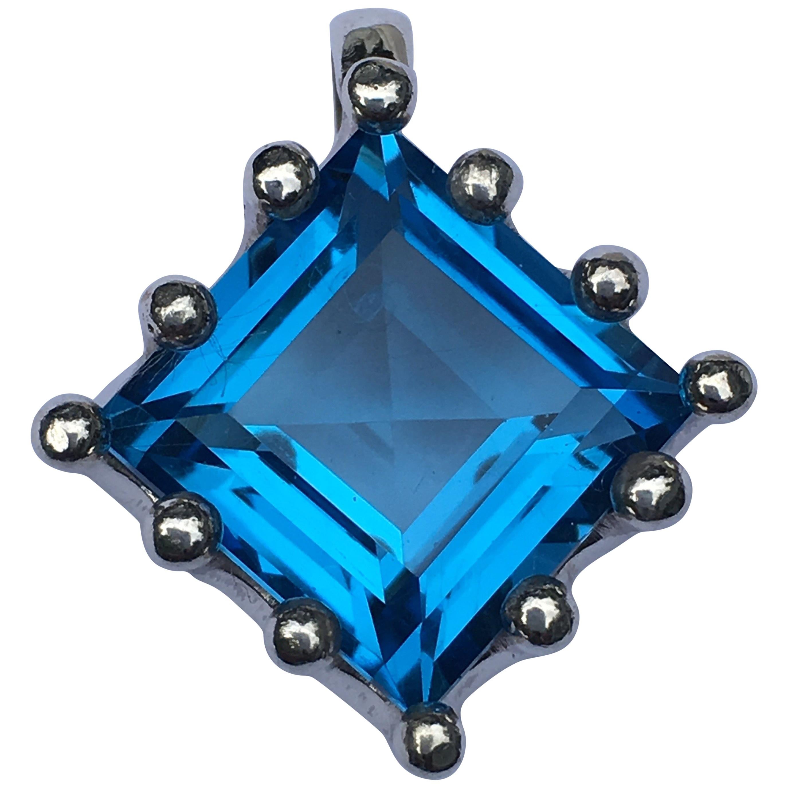 Square Blue Topaz Crown Pendant