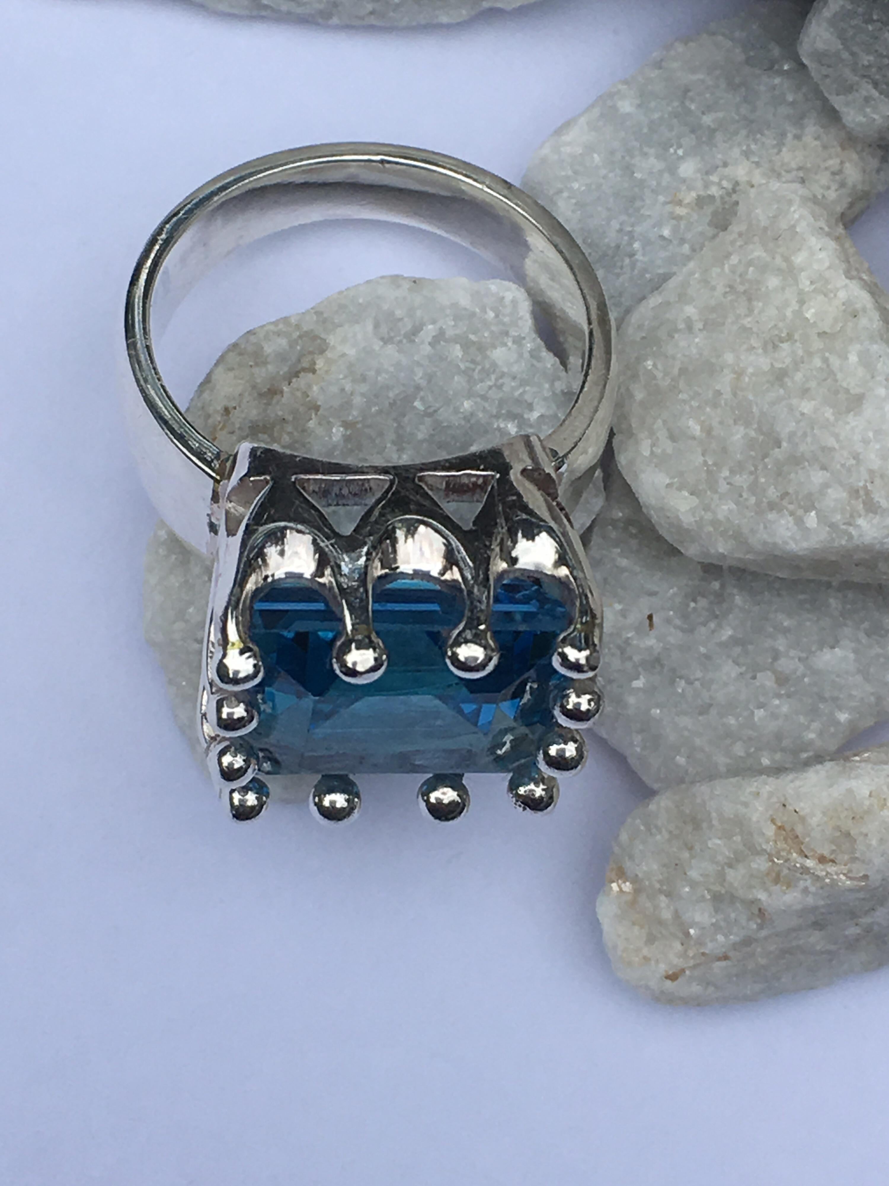 Women's Square Blue Topaz Crown Ring For Sale