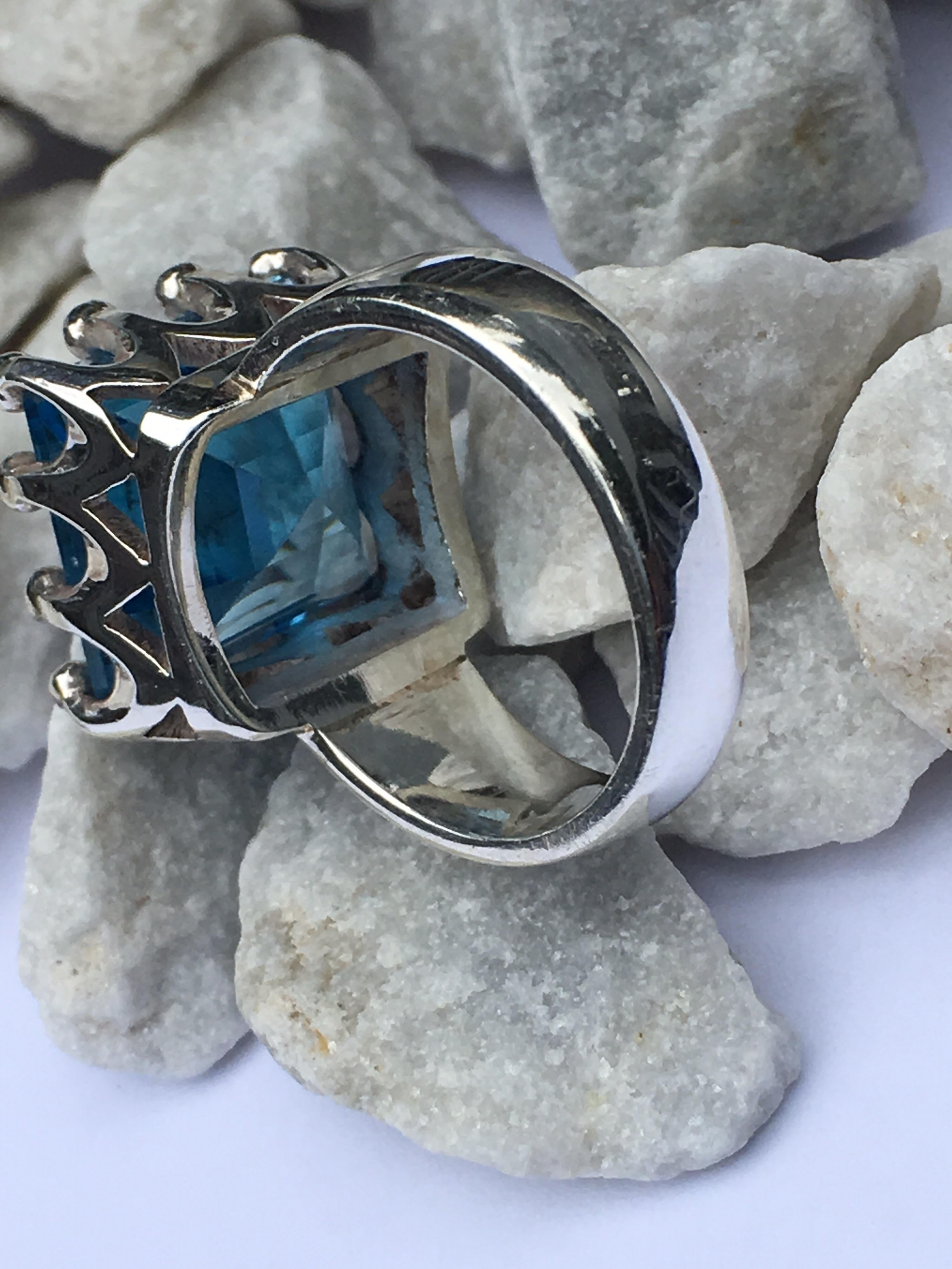 Square Blue Topaz Crown Ring For Sale 1