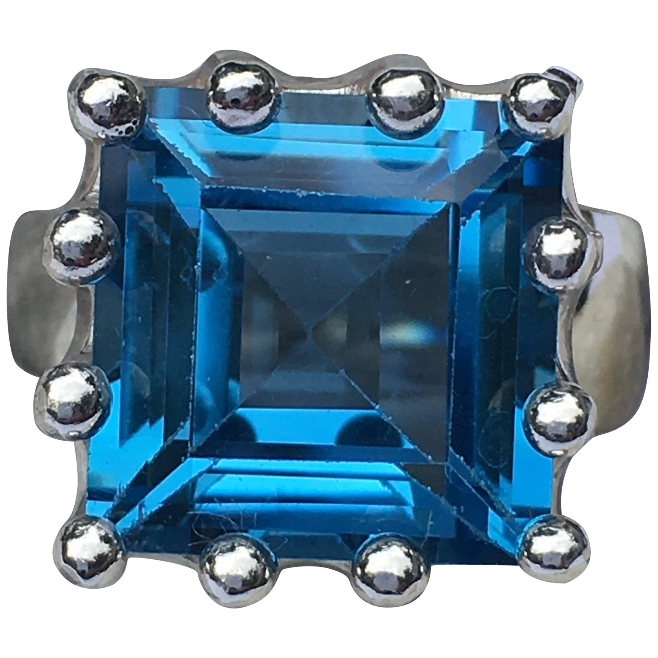 Square Blue Topaz Crown Ring For Sale