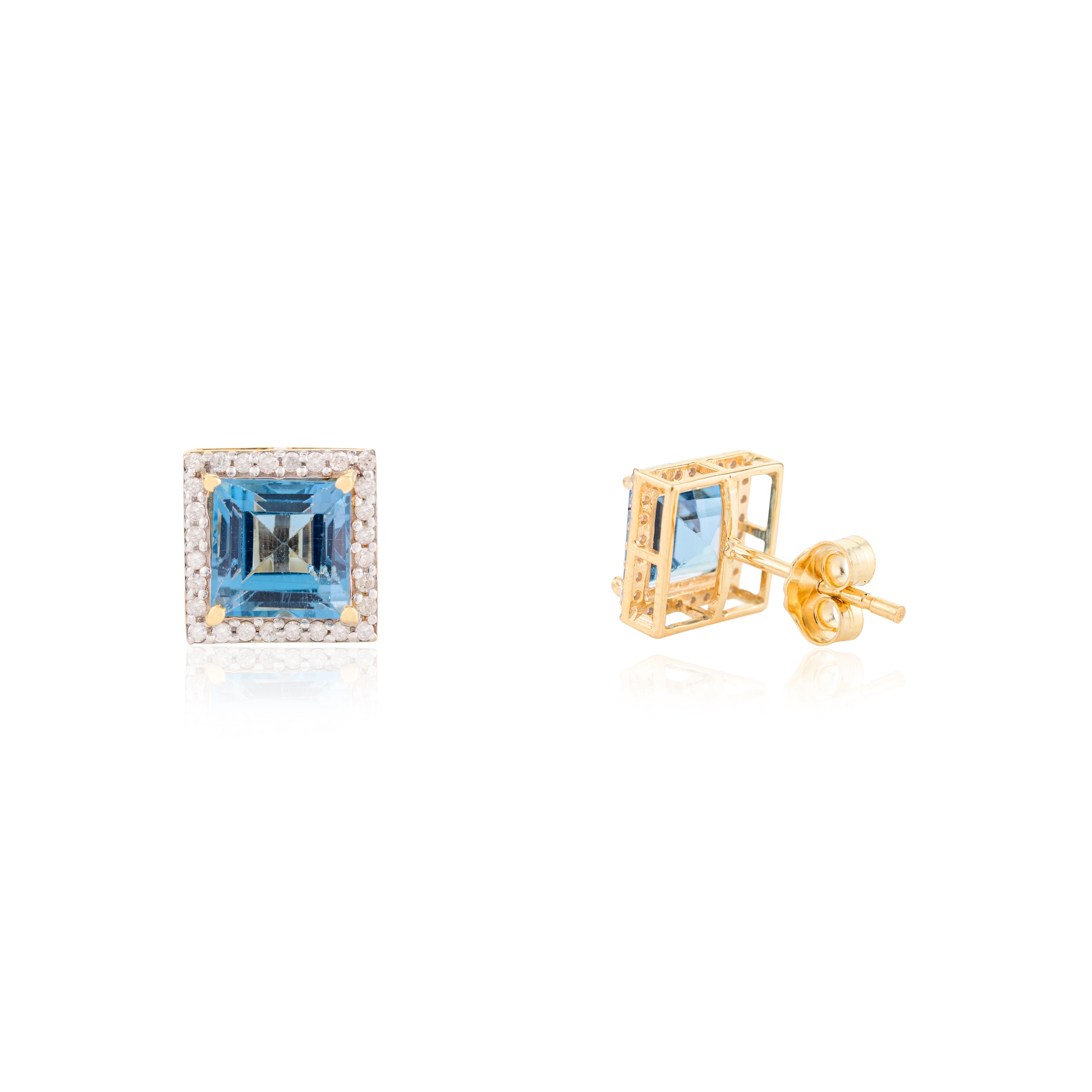Anhängerring aus 18 Karat Gelbgold mit blauem Topas im Quadratschliff und Diamant-Halo-Ohrringen im Angebot 4