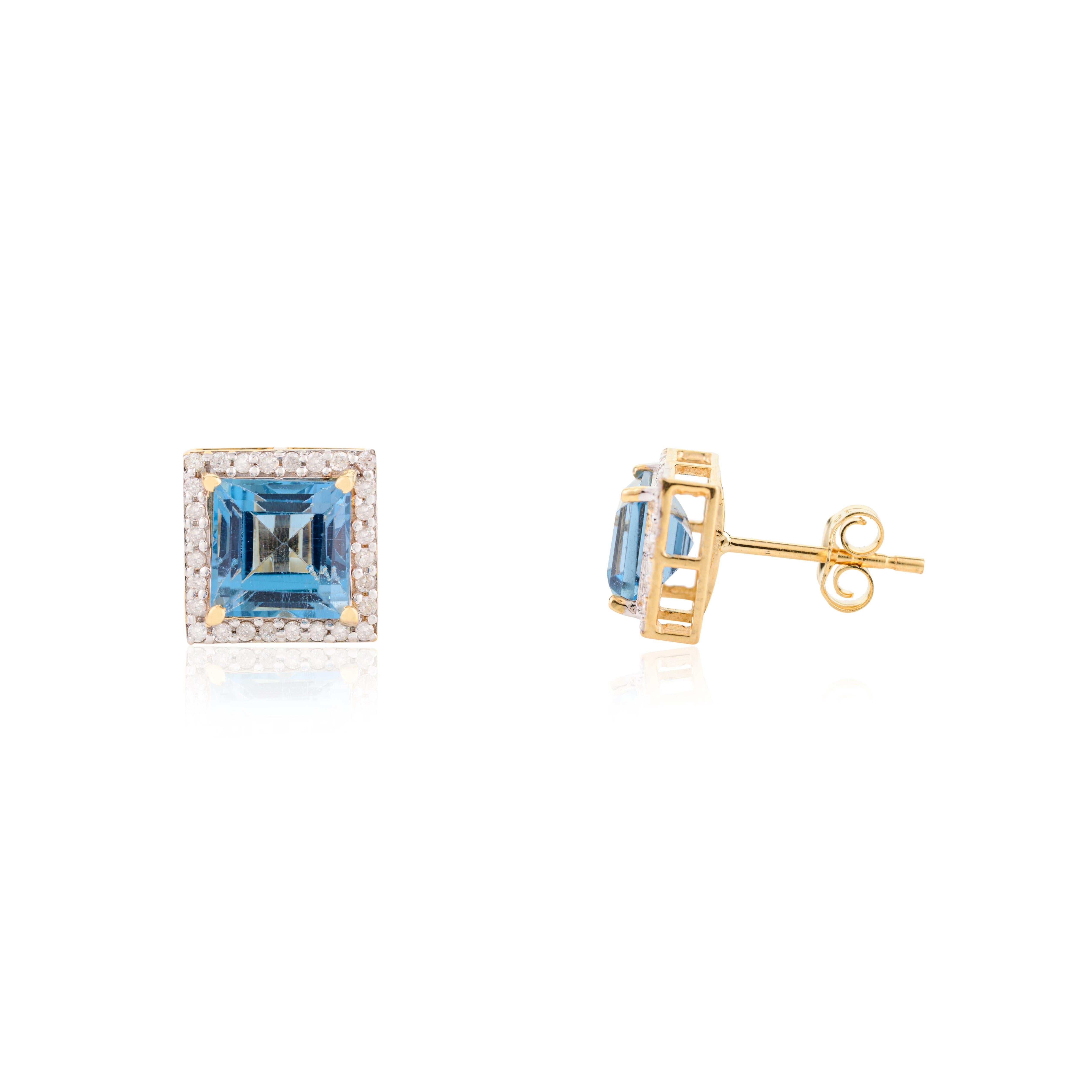 Anhängerring aus 18 Karat Gelbgold mit blauem Topas im Quadratschliff und Diamant-Halo-Ohrringen im Angebot 6