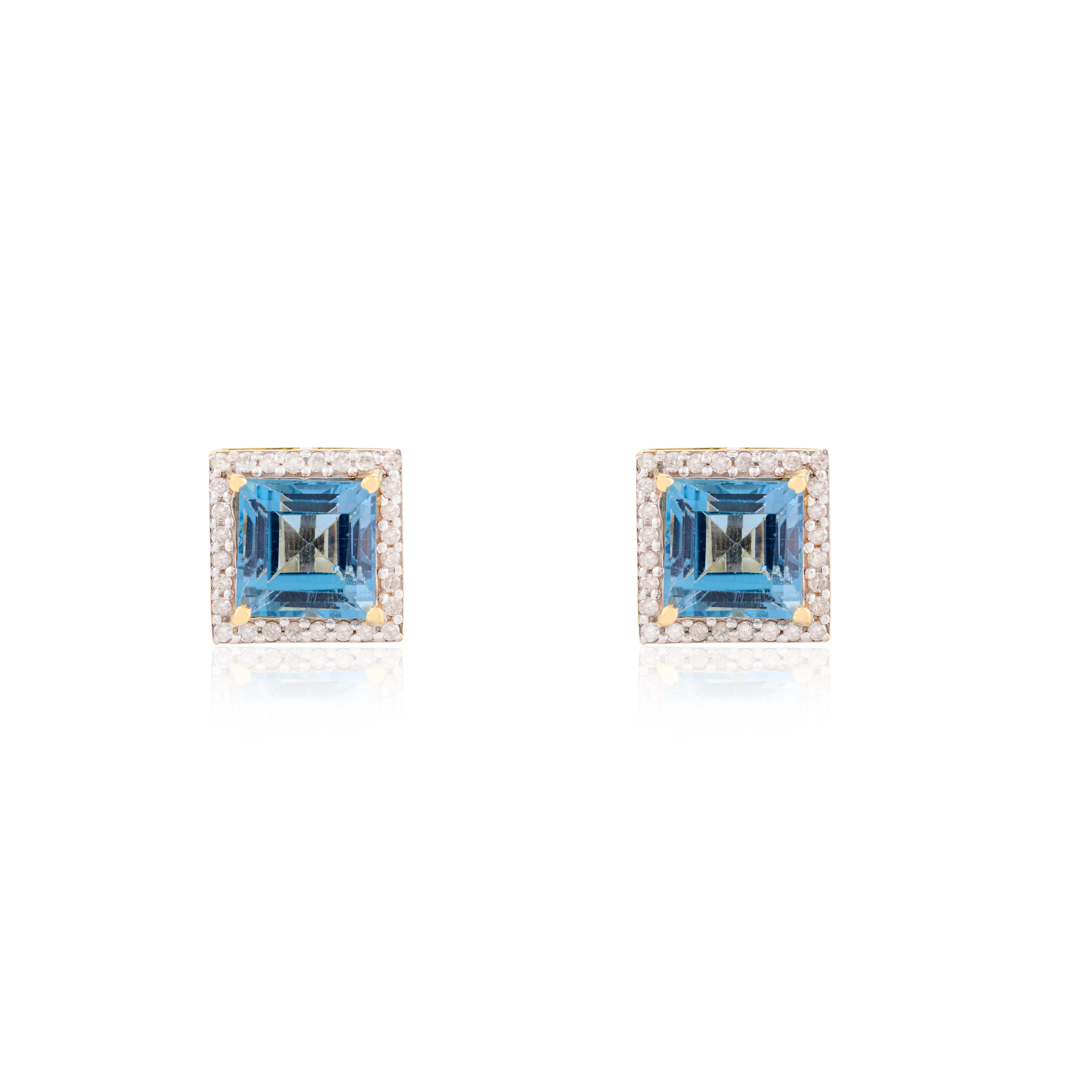 Anhängerring aus 18 Karat Gelbgold mit blauem Topas im Quadratschliff und Diamant-Halo-Ohrringen im Angebot 8