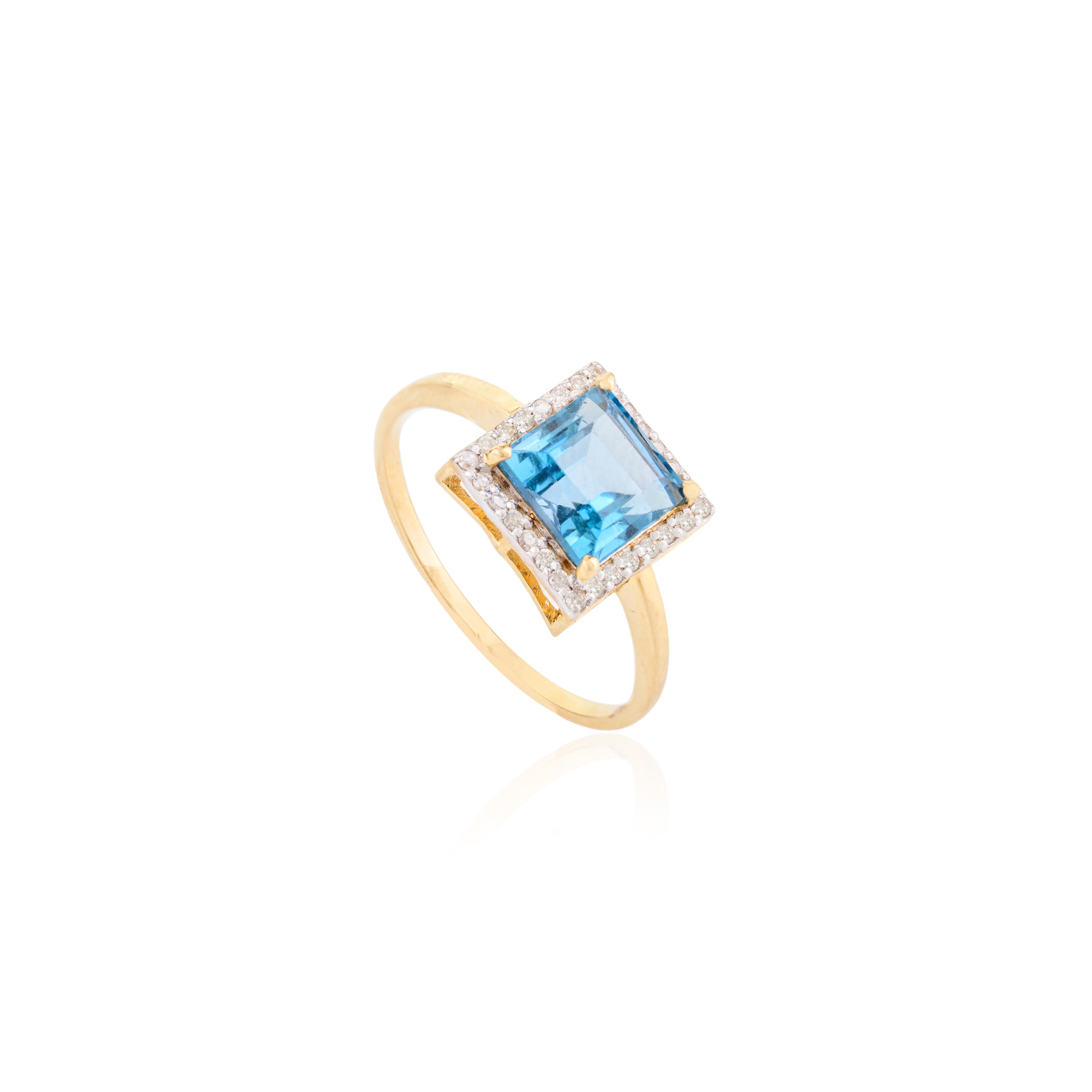 Anhängerring aus 18 Karat Gelbgold mit blauem Topas im Quadratschliff und Diamant-Halo-Ohrringen im Angebot 10