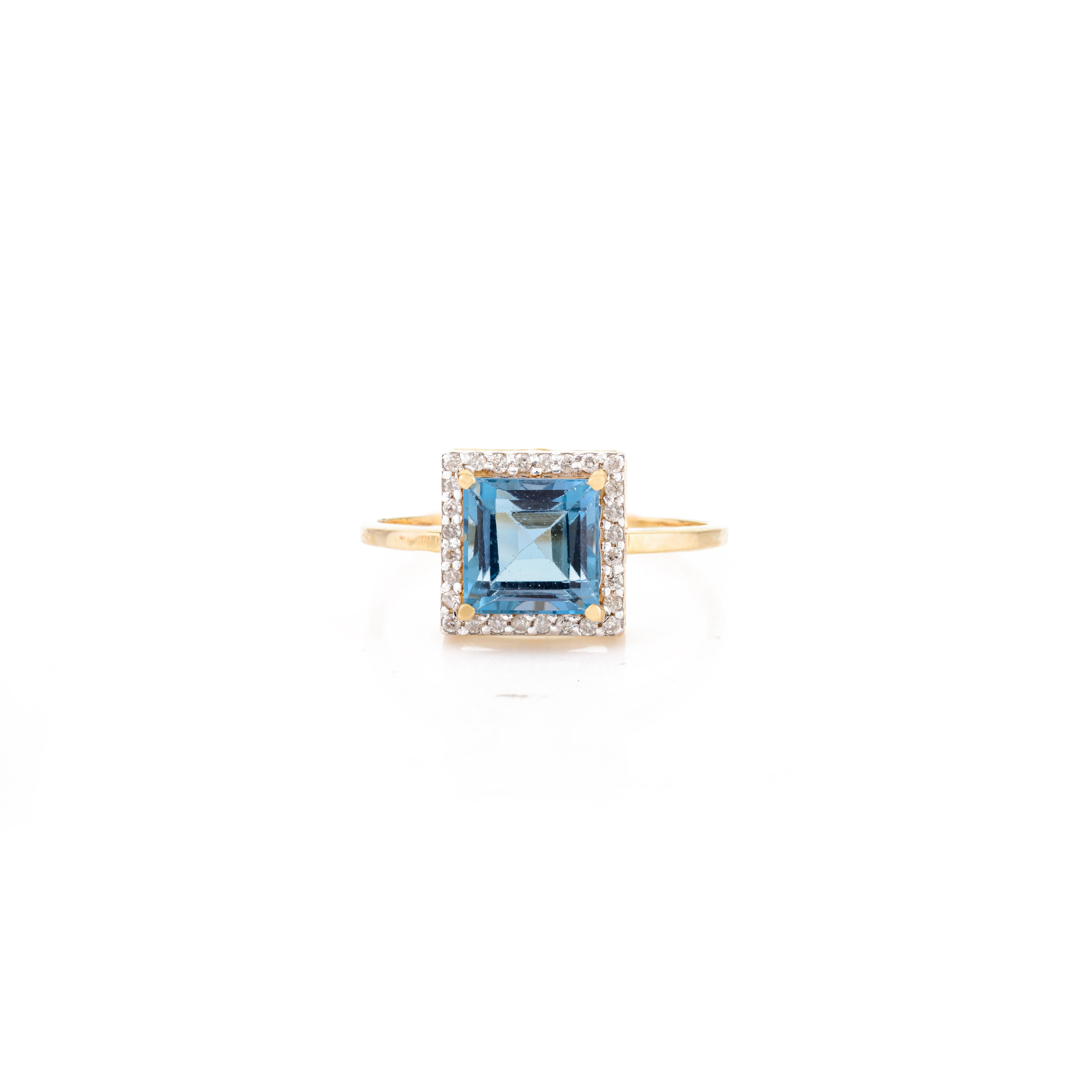 Anhängerring aus 18 Karat Gelbgold mit blauem Topas im Quadratschliff und Diamant-Halo-Ohrringen im Angebot 11