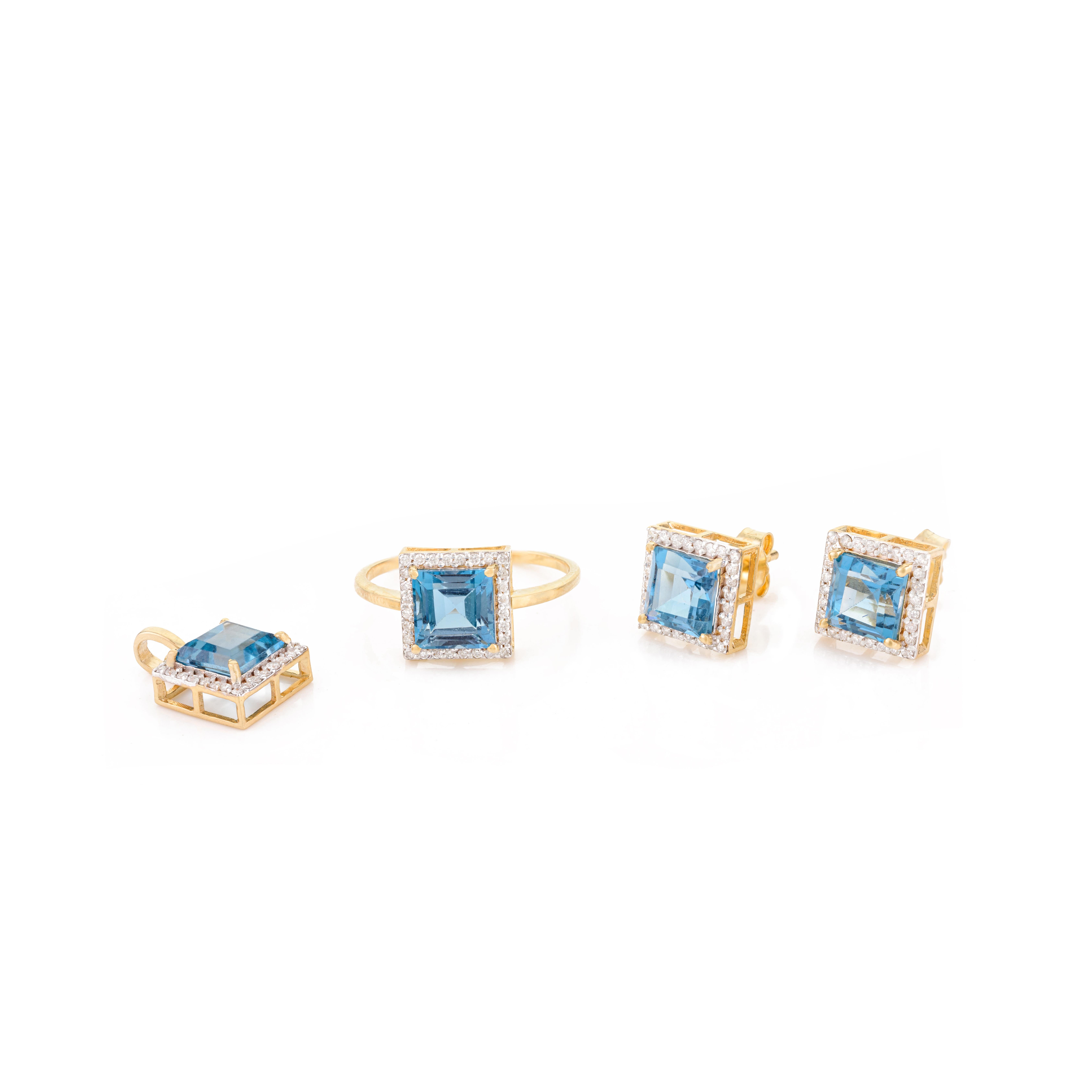 Anhängerring aus 18 Karat Gelbgold mit blauem Topas im Quadratschliff und Diamant-Halo-Ohrringen (Moderne) im Angebot