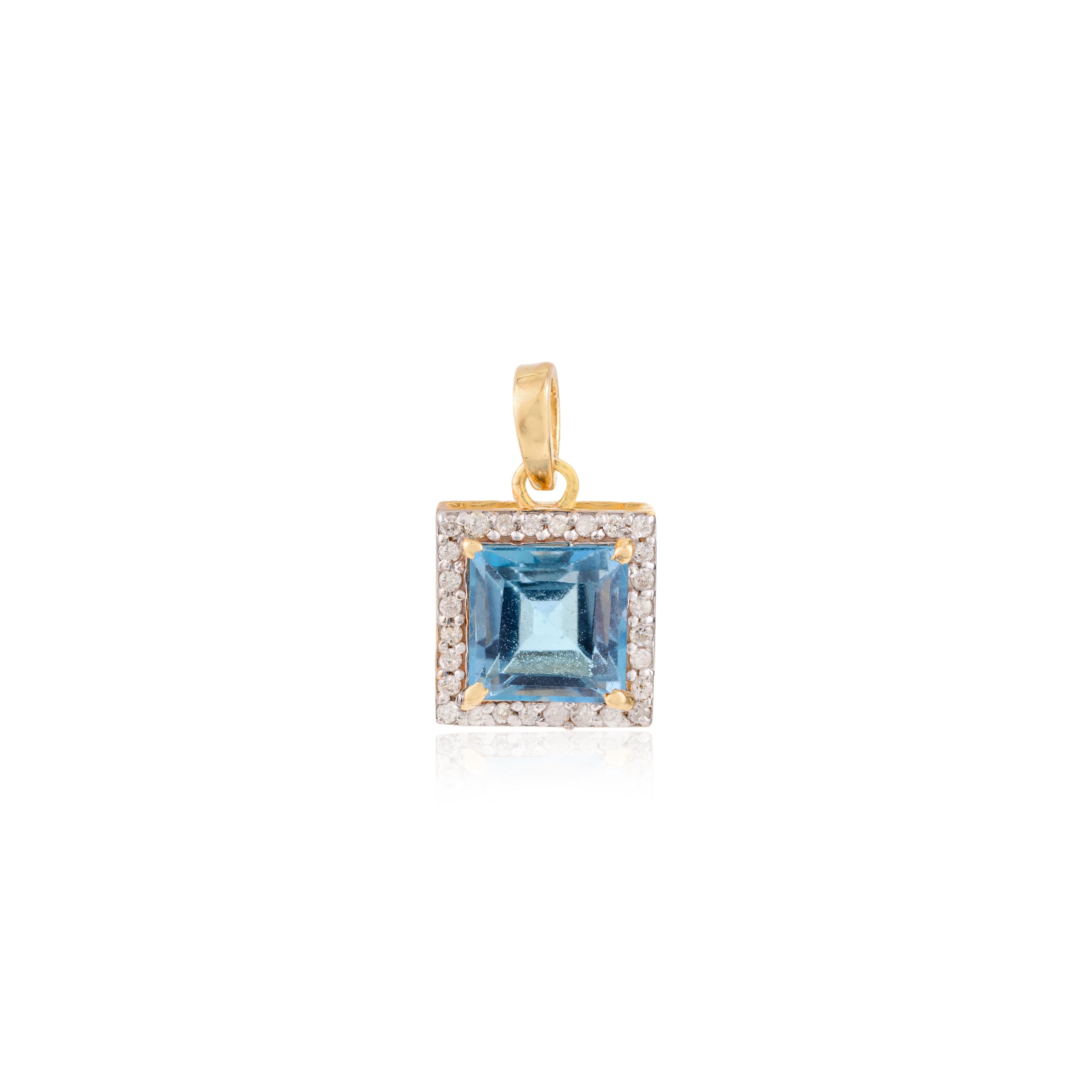 Anhängerring aus 18 Karat Gelbgold mit blauem Topas im Quadratschliff und Diamant-Halo-Ohrringen im Angebot 3