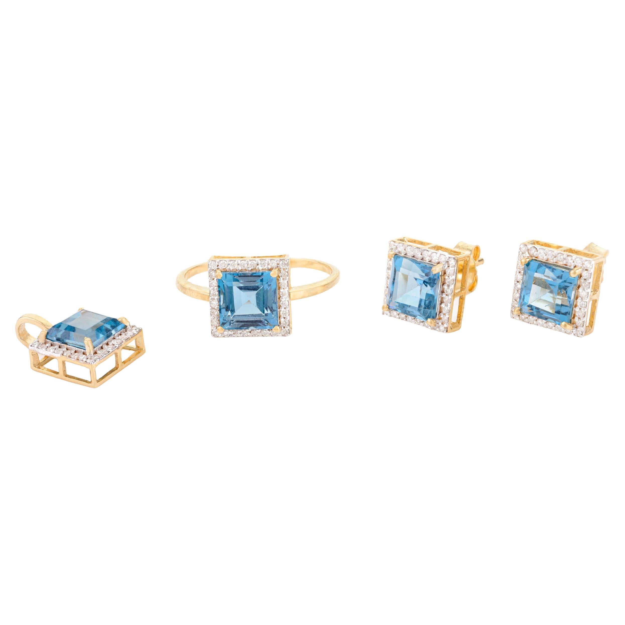 Square Cut Blue Topaz Diamond Halo Earrings Pendant Ring Set in 18k Yellow Gold