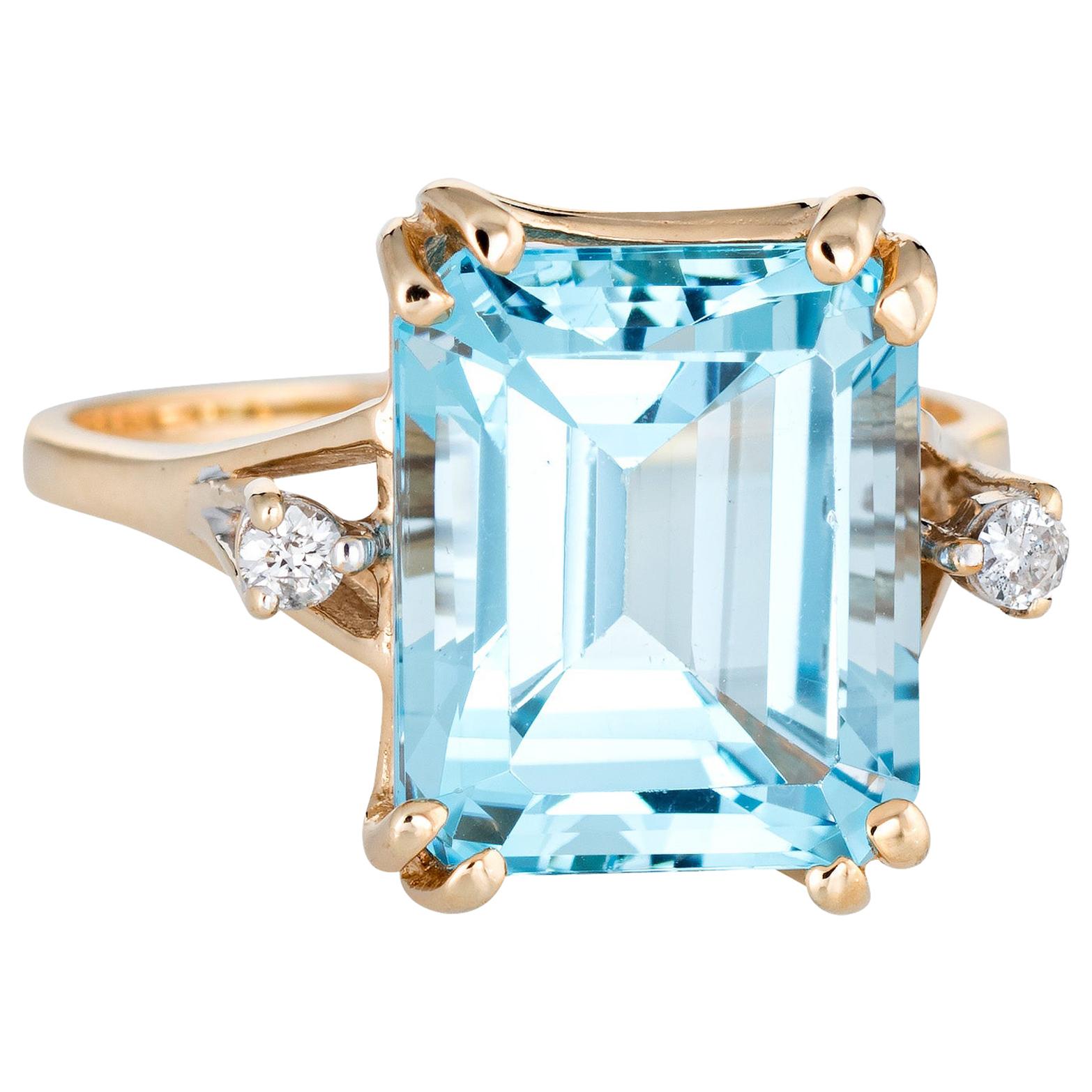 Square Blue Topaz Diamond Ring Vintage 14 Karat Gold Estate Cocktail Jewelry