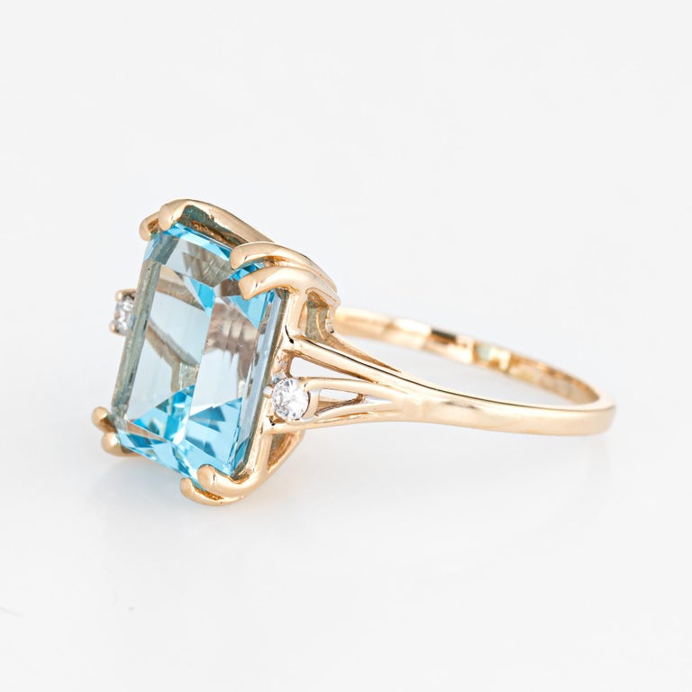 Square Blue Topaz Diamond Ring Vintage 14 Karat Gold Estate Cocktail