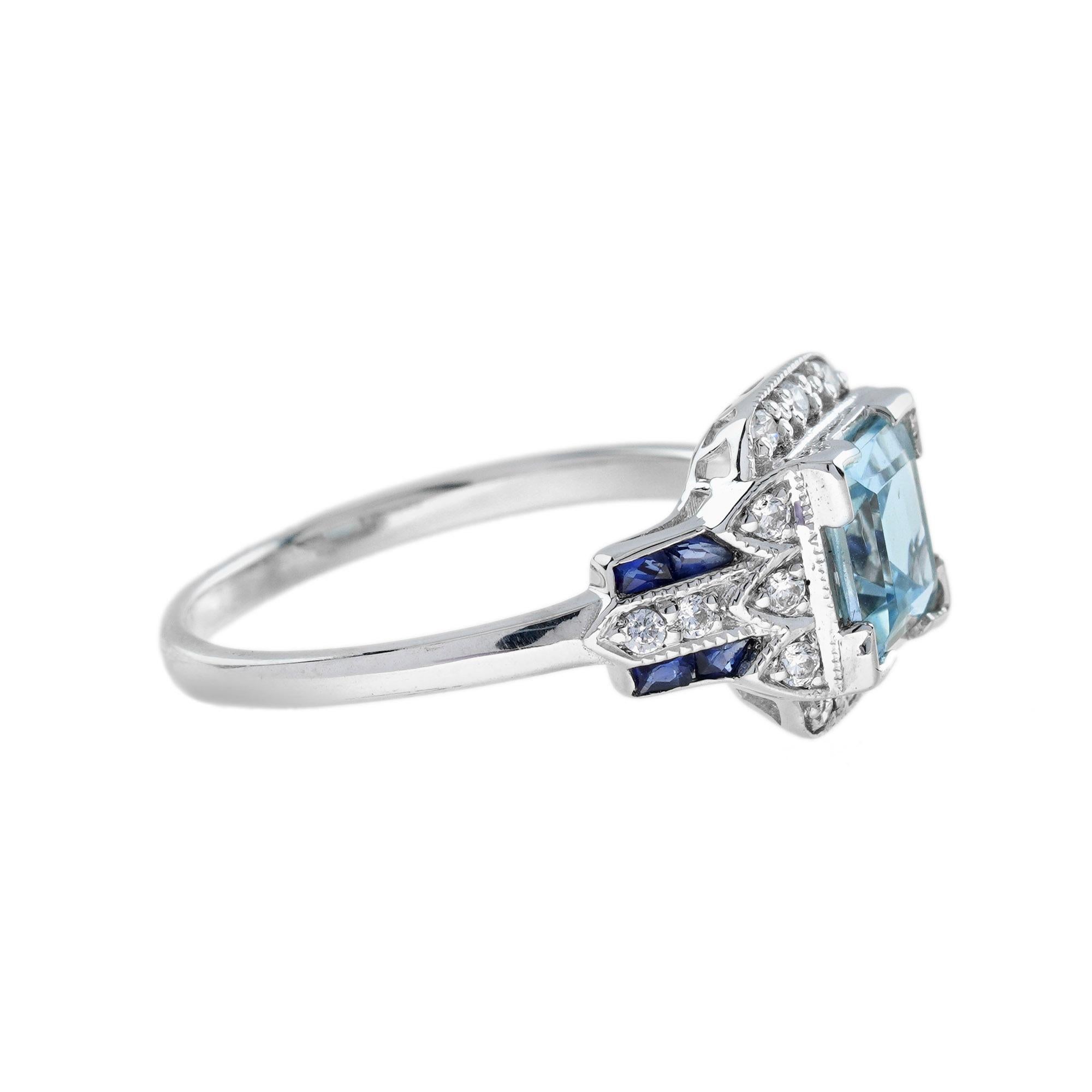 Taille carrée Bague carrée en or blanc 14K avec topaze bleue et saphir et diamant de style Art déco en vente
