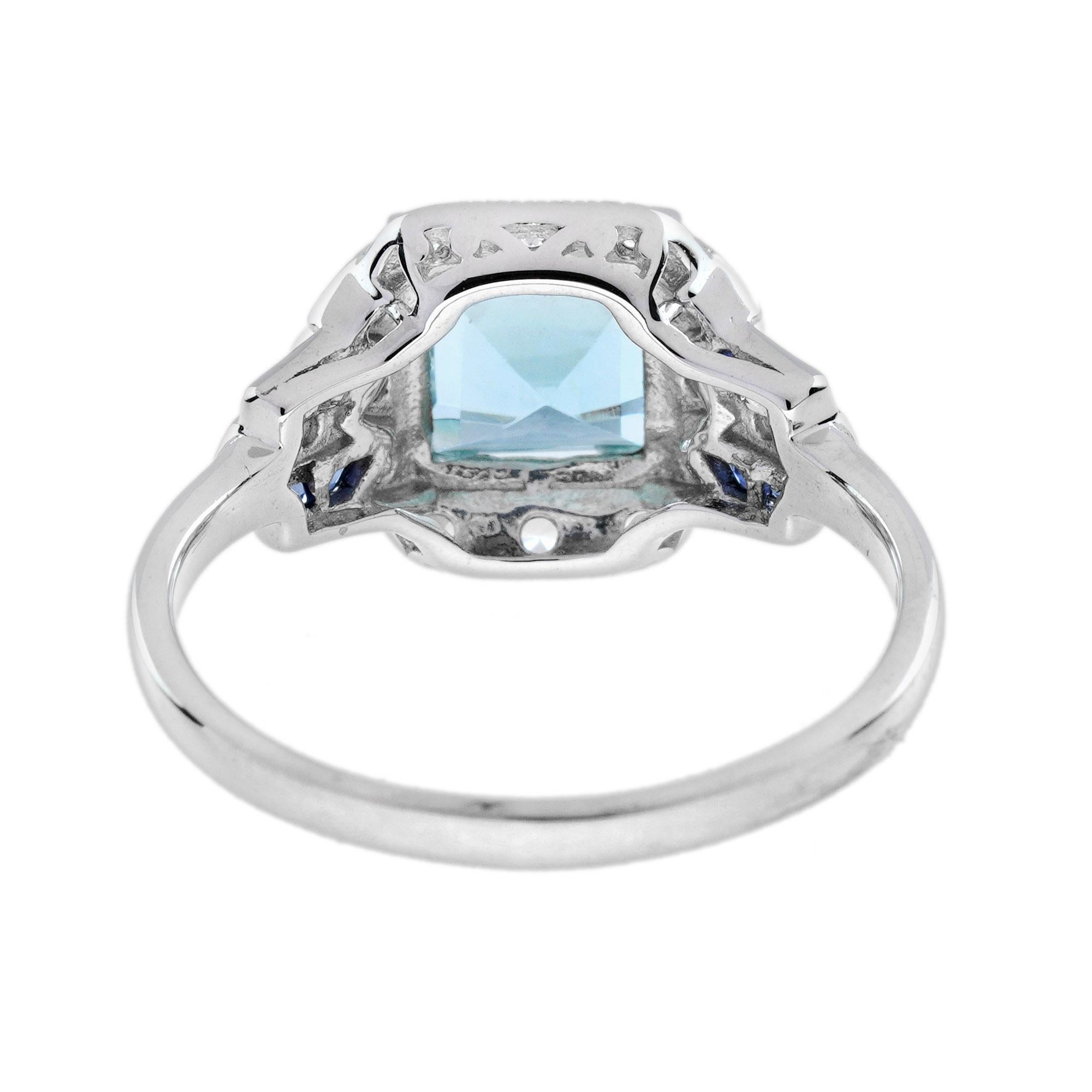 Bague carrée en or blanc 14K avec topaze bleue et saphir et diamant de style Art déco Neuf - En vente à Oakton, VA