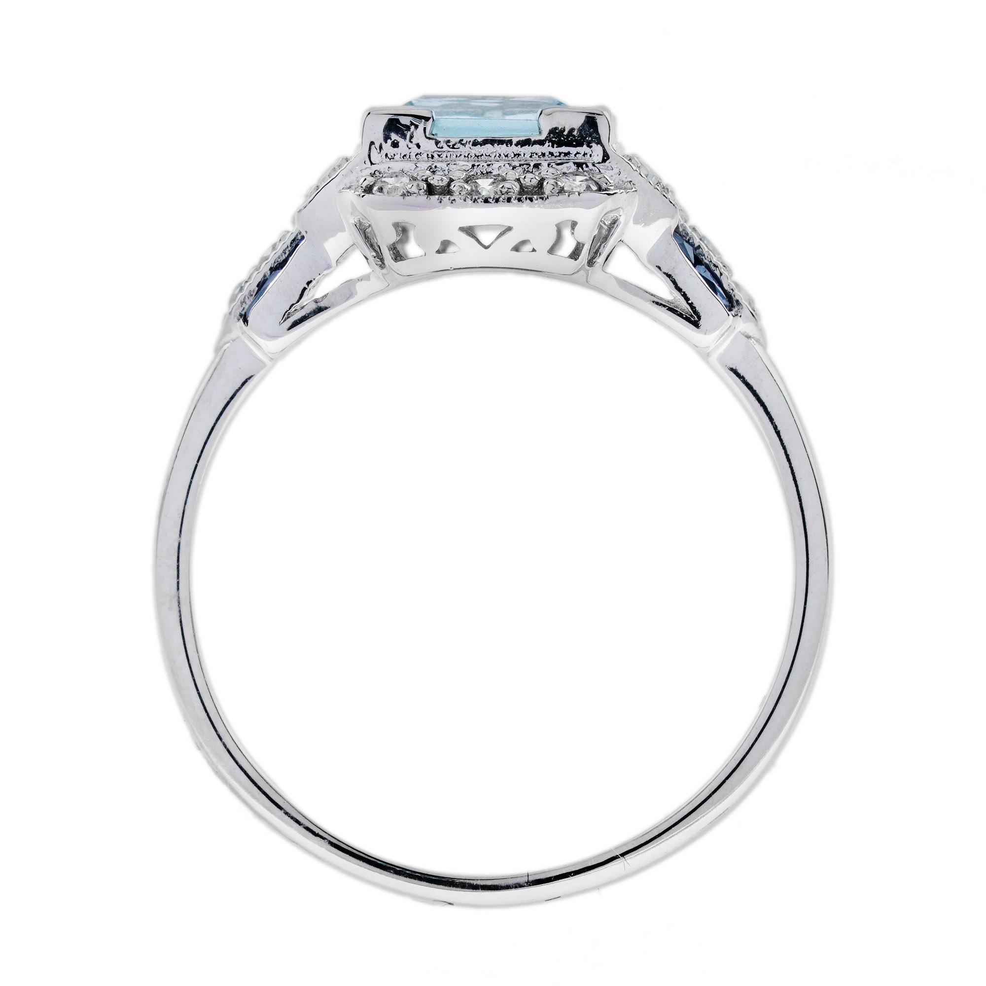 Bague carrée en or blanc 14K avec topaze bleue et saphir et diamant de style Art déco Unisexe en vente