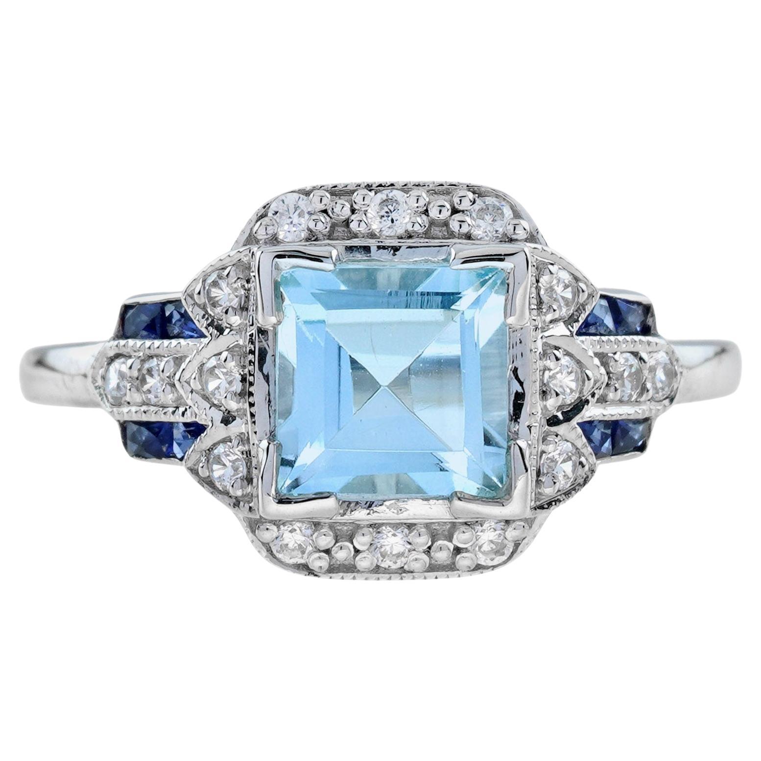 Bague carrée en or blanc 14K avec topaze bleue et saphir et diamant de style Art déco