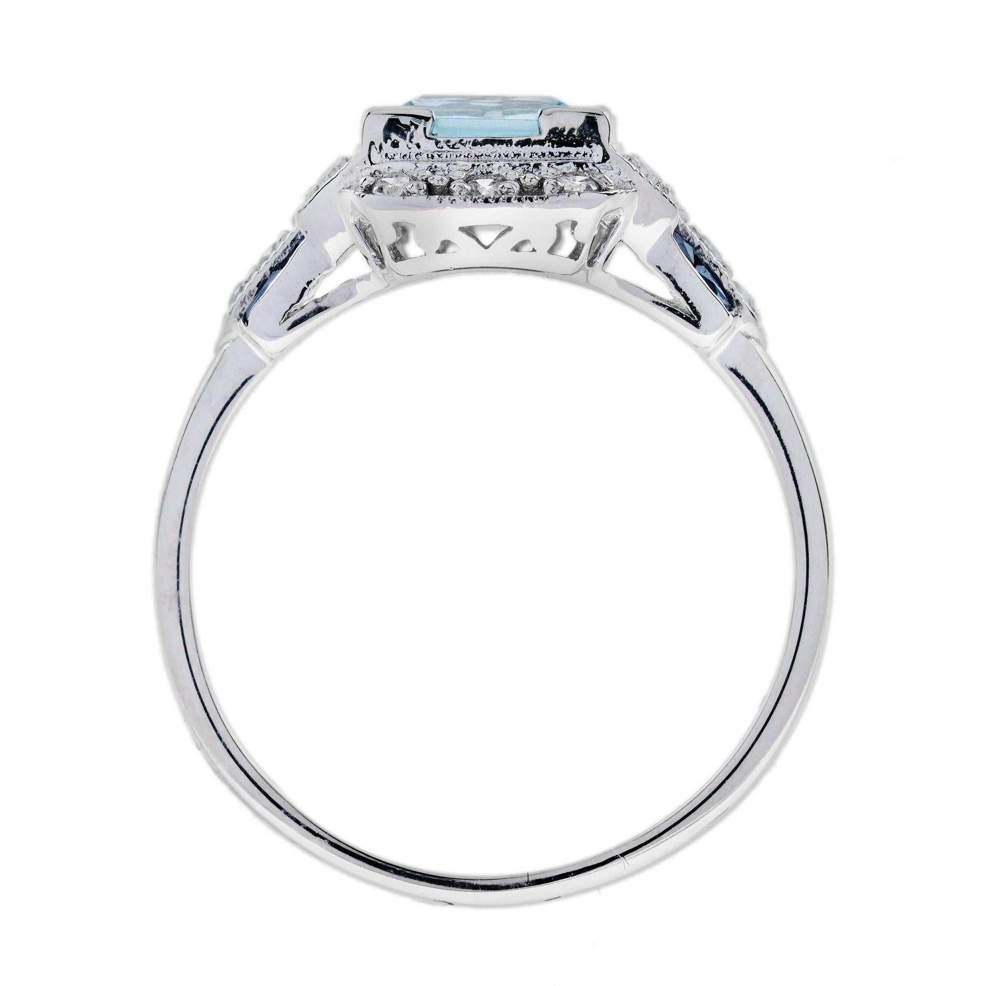 Im Angebot: Quadratischer blauer Topas Saphir Diamant Art Deco Stil Verlobungsring aus 14K Gold () 6