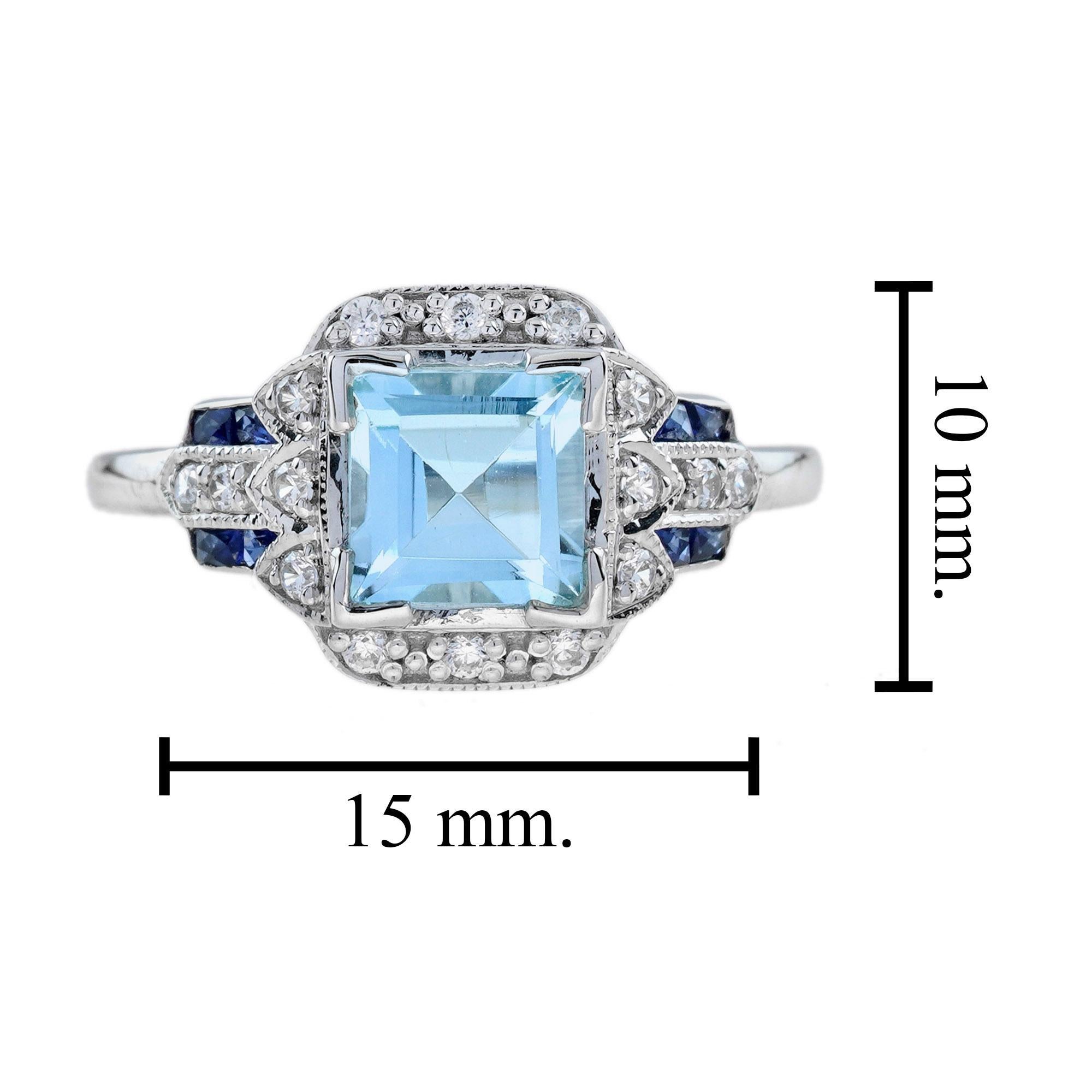 Im Angebot: Quadratischer blauer Topas Saphir Diamant Art Deco Stil Verlobungsring aus 14K Gold () 7