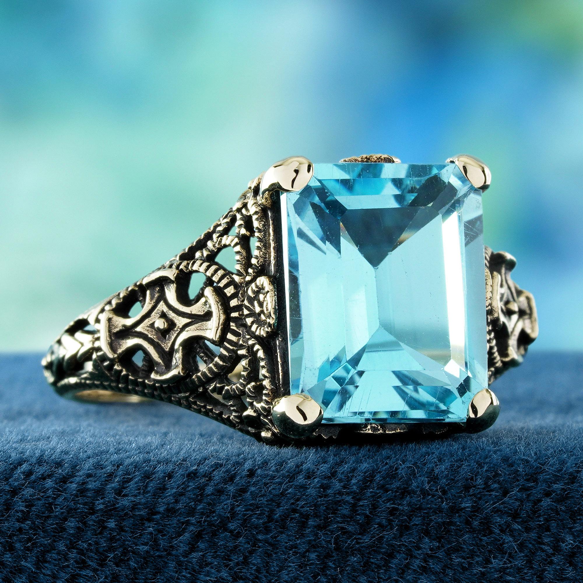 Edwardian Square Blue Topaz Vintage Style Filigree Ring in Solid 9K Yellow Gold For Sale