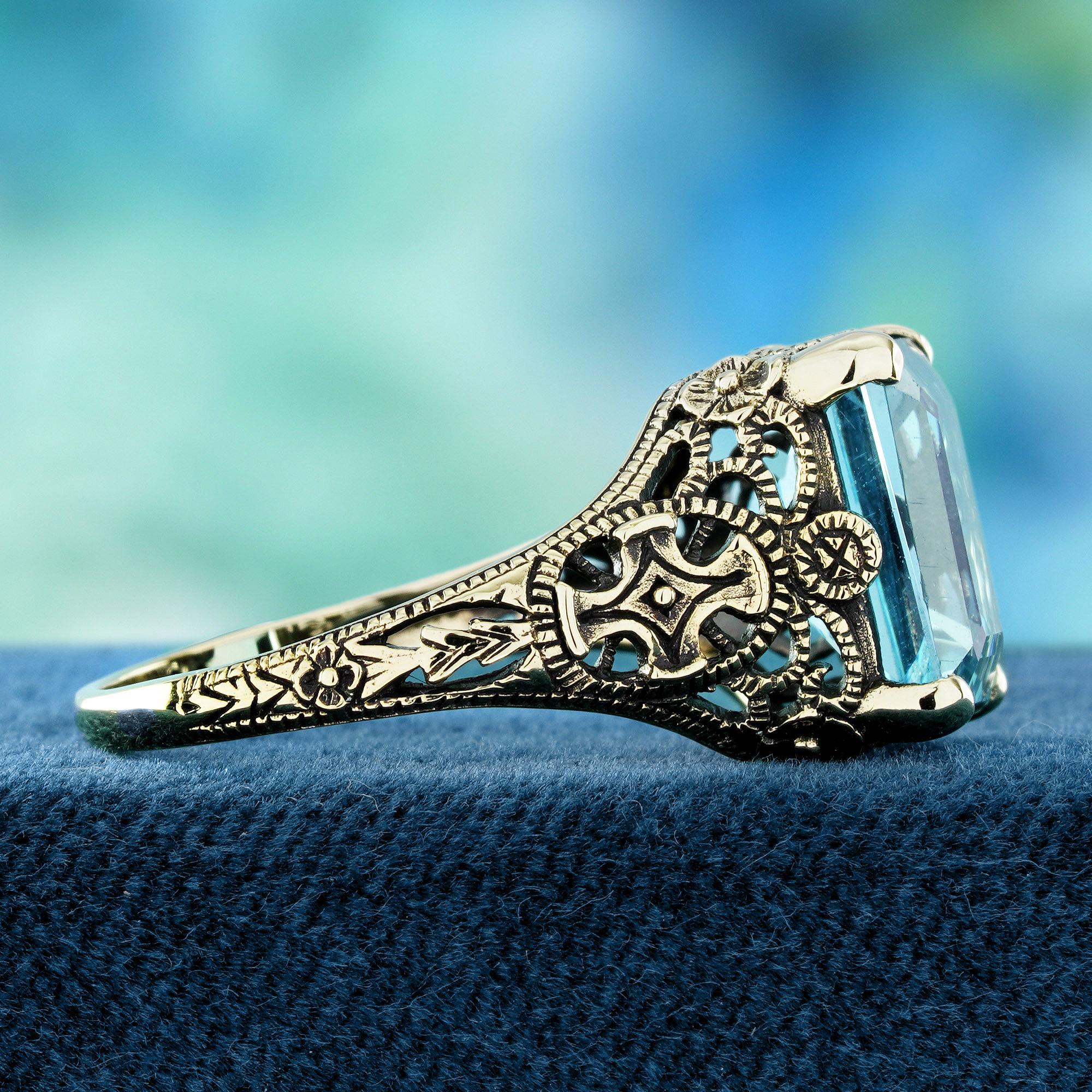 Emerald Cut Square Blue Topaz Vintage Style Filigree Ring in Solid 9K Yellow Gold For Sale