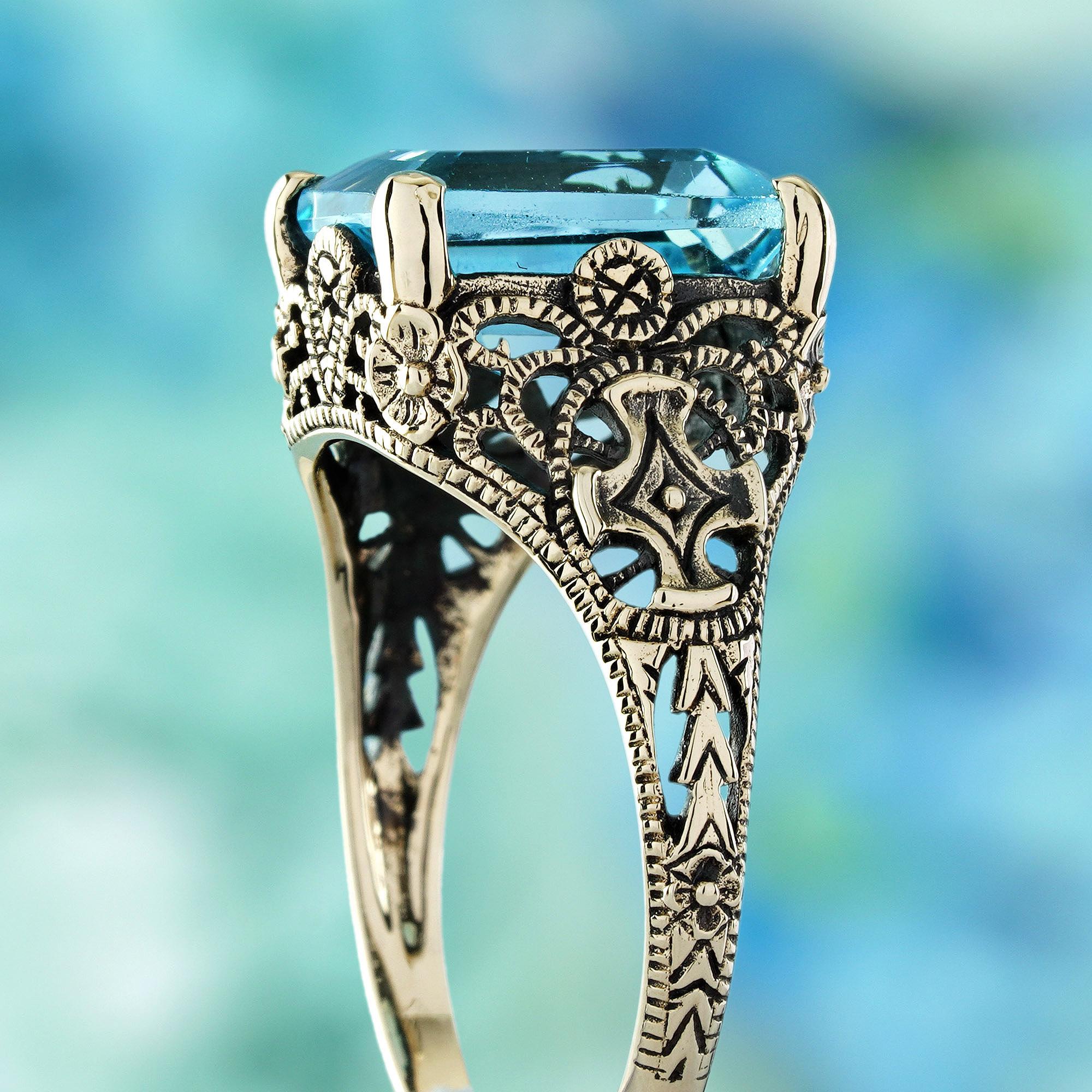 Women's or Men's Square Blue Topaz Vintage Style Filigree Ring in Solid 9K Yellow Gold For Sale