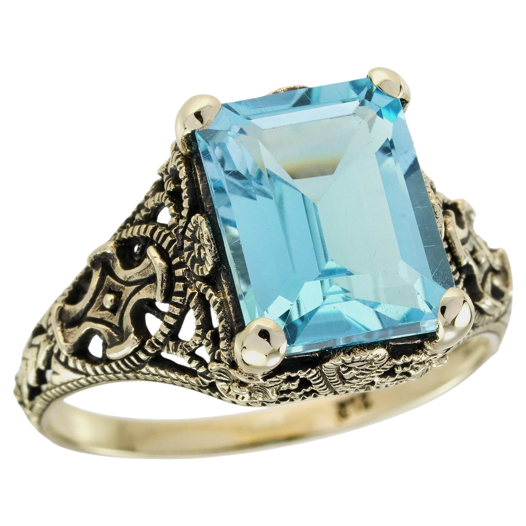 Square Blue Topaz Vintage Style Filigree Ring in Solid 9K Yellow Gold For Sale