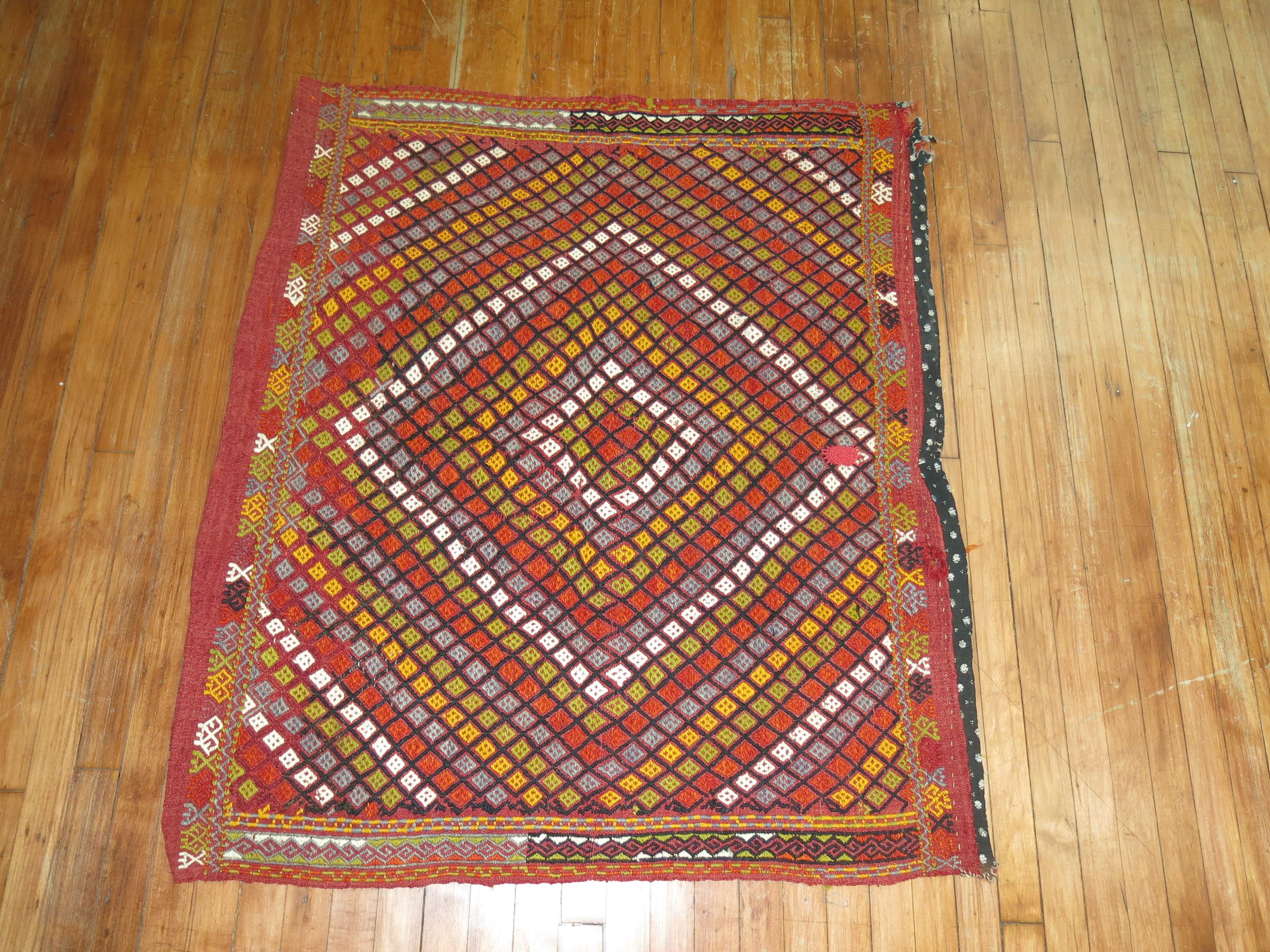 Kilim Square Boho Geometric Colorful Jajim Flat-Weave, 20th Century For Sale