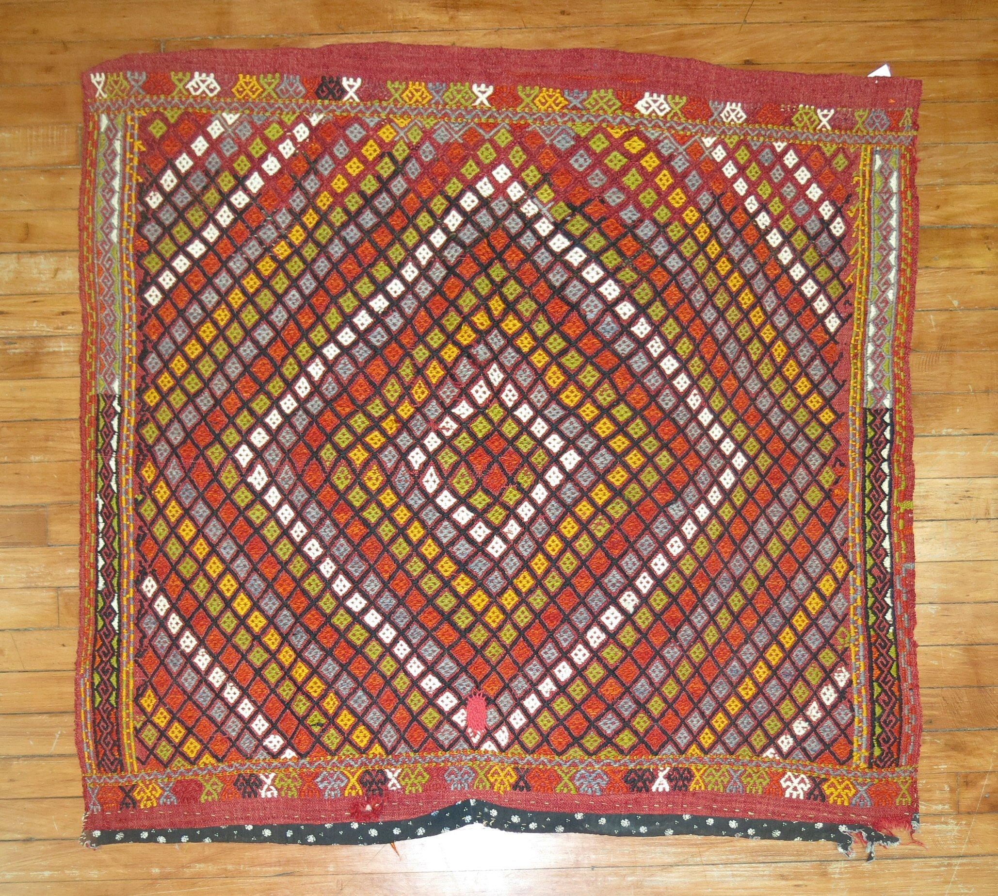 Turco Quadrato Boho Geometrico Colorato Jajim a tessitura piatta, 20° secolo in vendita